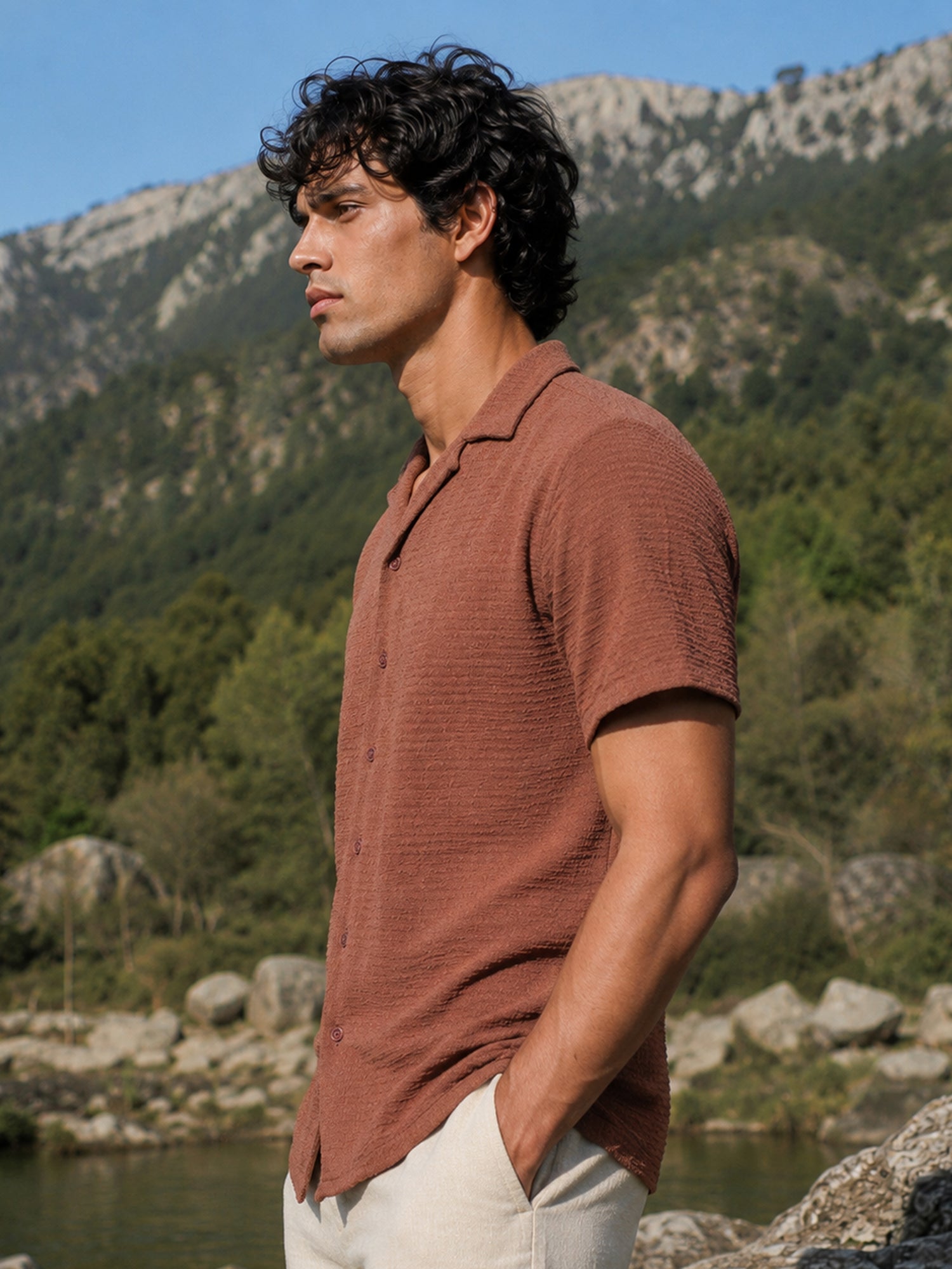Men Brown Textured Half Sleeve Casual Shirt