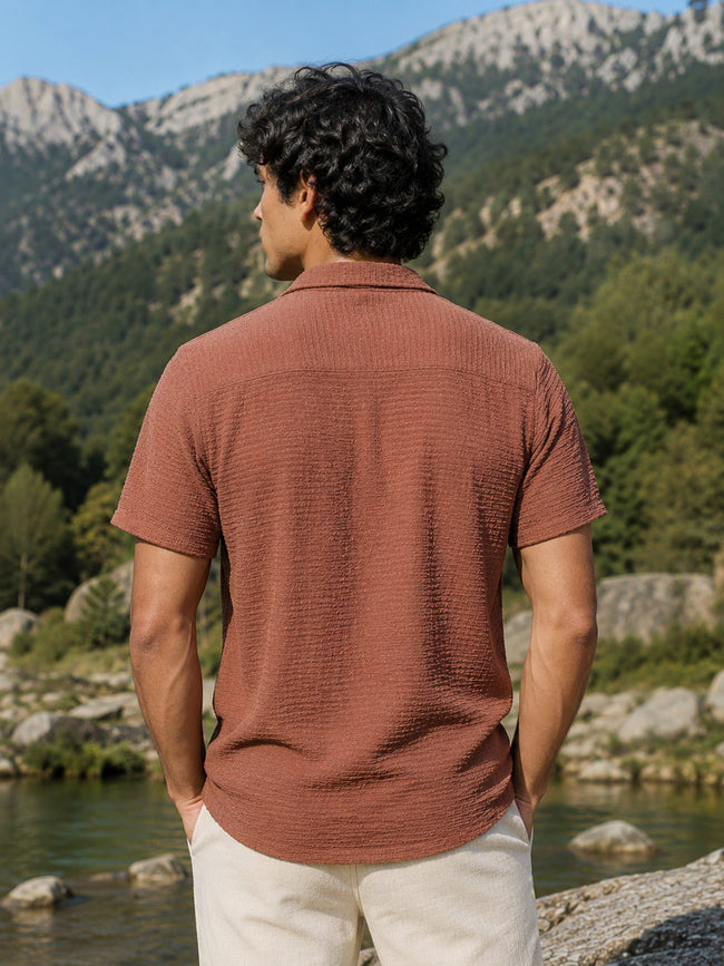 Men Brown Textured Half Sleeve Casual Shirt