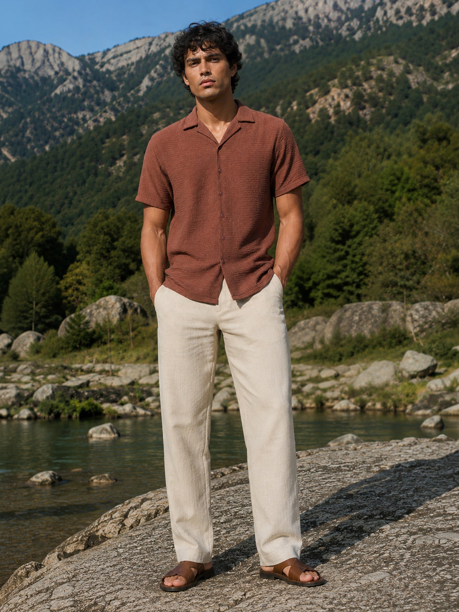 Men Brown Textured Half Sleeve Casual Shirt