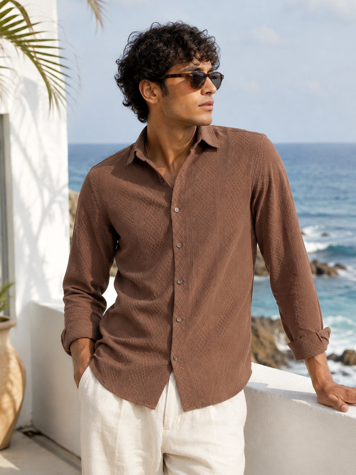 Men Brown Self-Design Full Sleeve Smart Casual Shirt