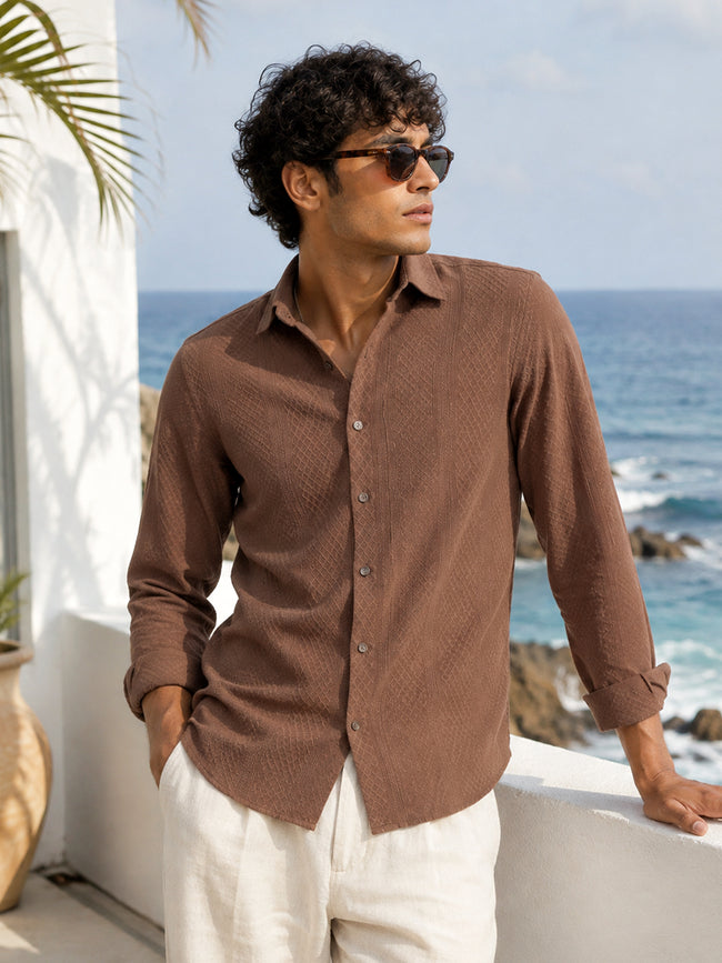 Men Brown Self-Design Full Sleeve Smart Casual Shirt