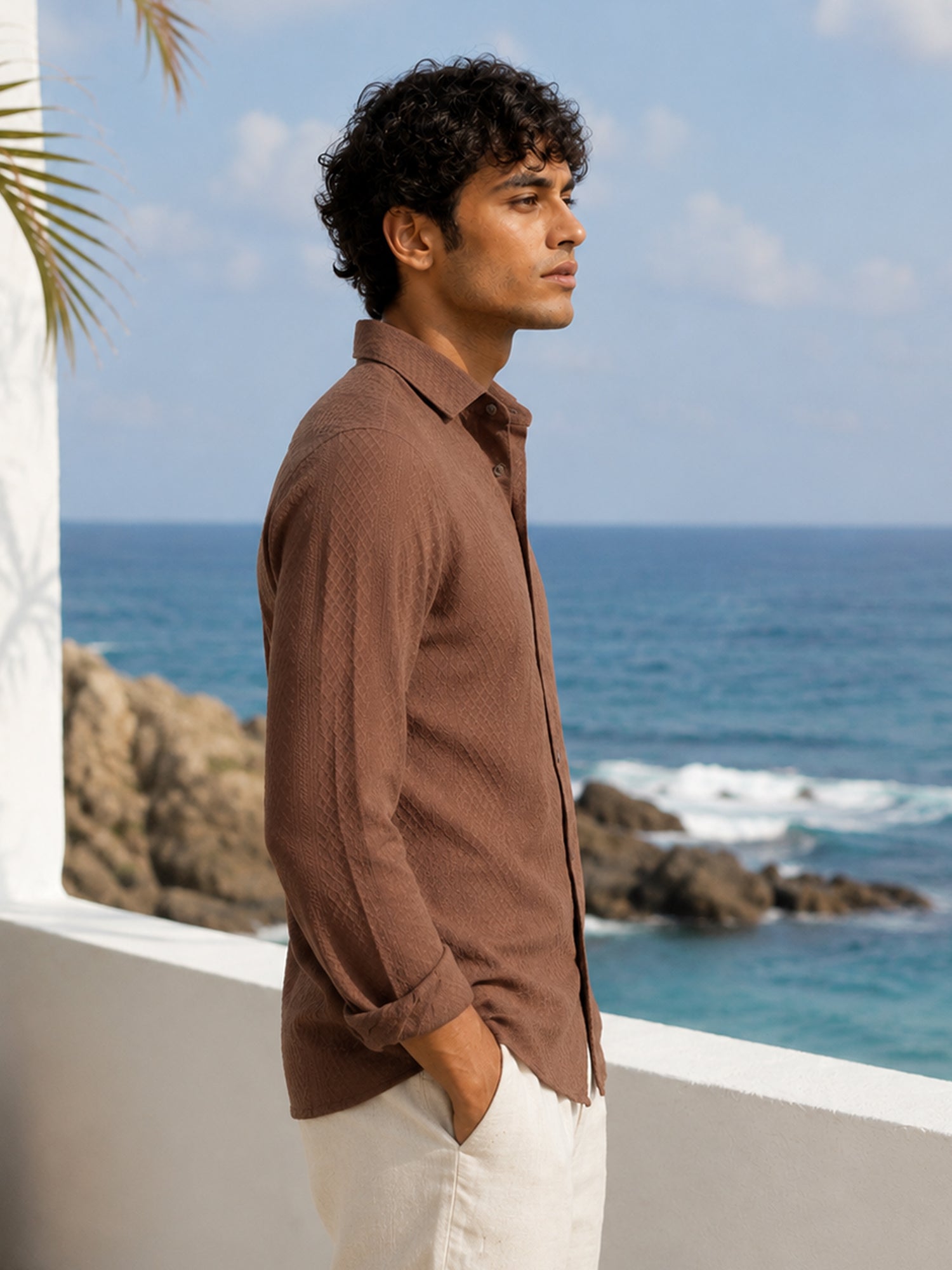 Men Brown Self-Design Full Sleeve Smart Casual Shirt