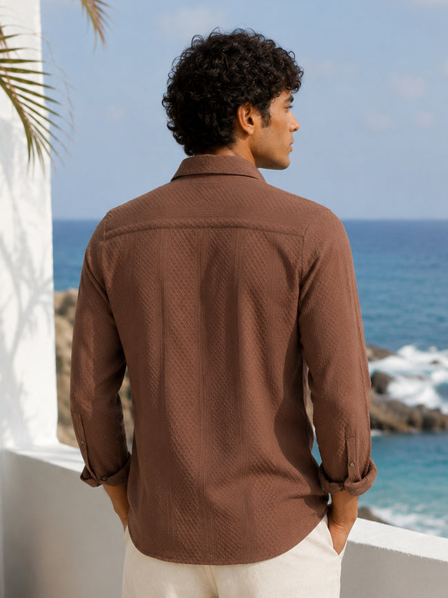 Men Brown Self-Design Full Sleeve Smart Casual Shirt