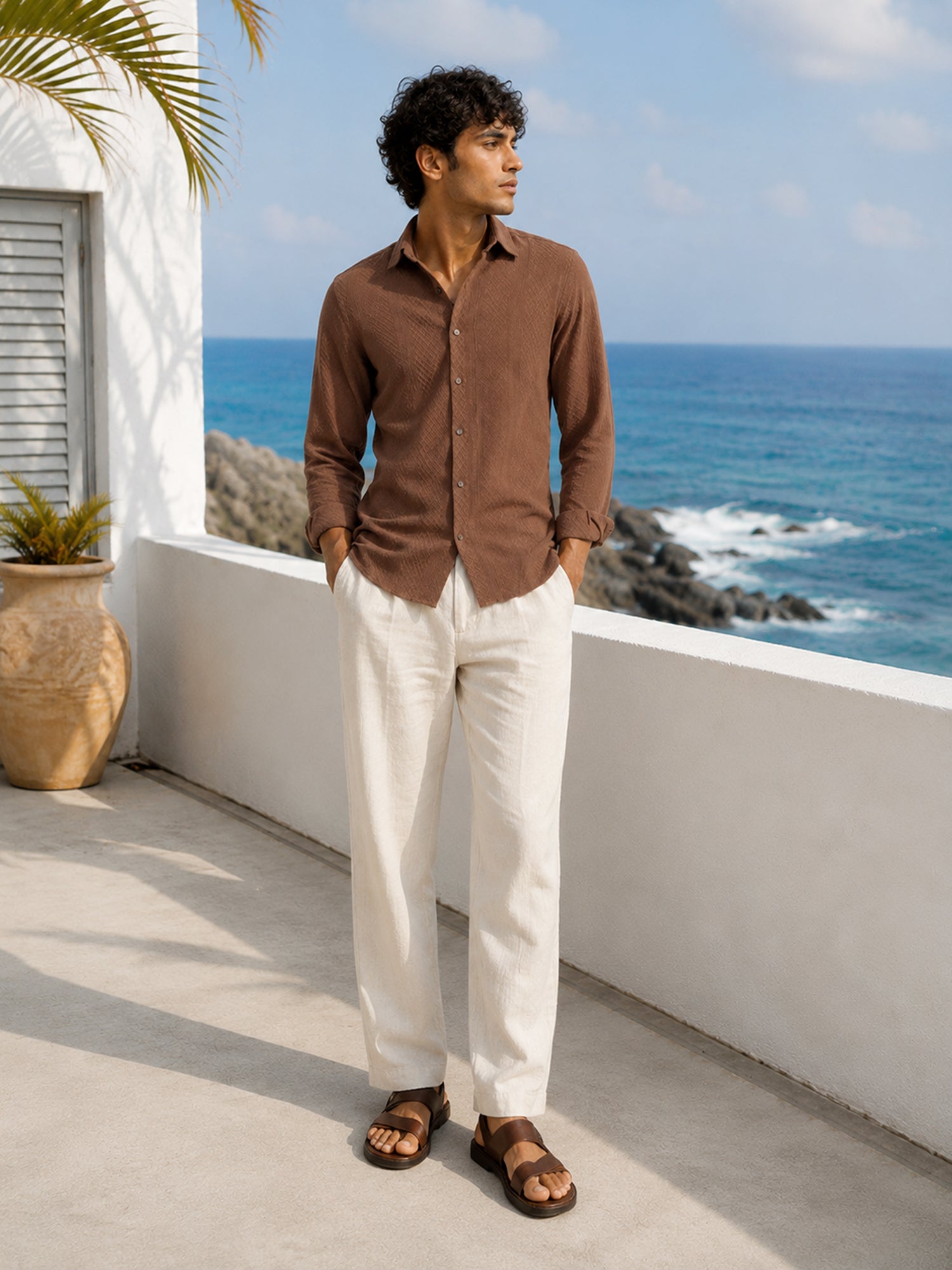 Men Brown Self-Design Full Sleeve Smart Casual Shirt