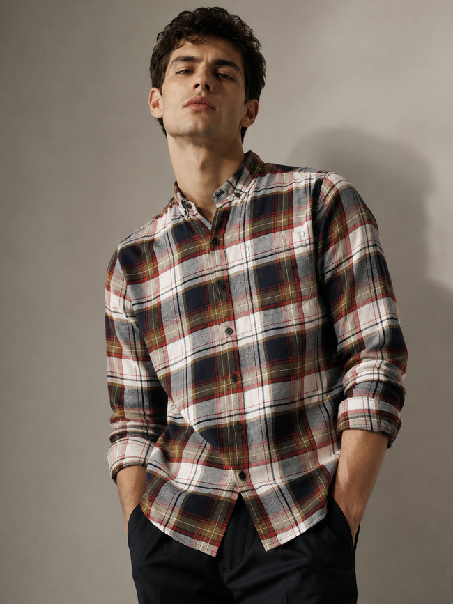 Men Navy Blue Tartan Check Full Sleeve Casual Shirt