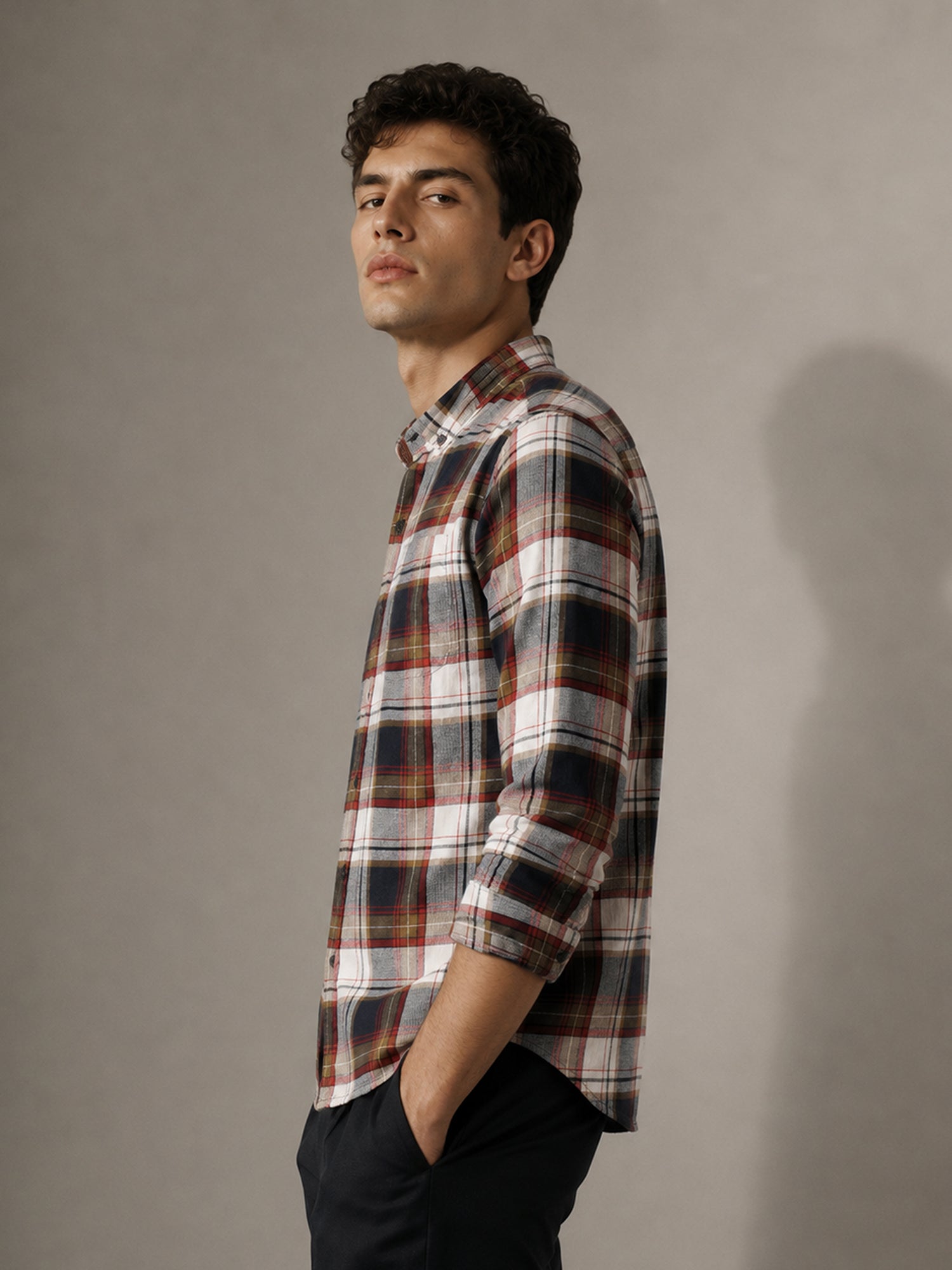 Men Navy Blue Tartan Check Full Sleeve Casual Shirt
