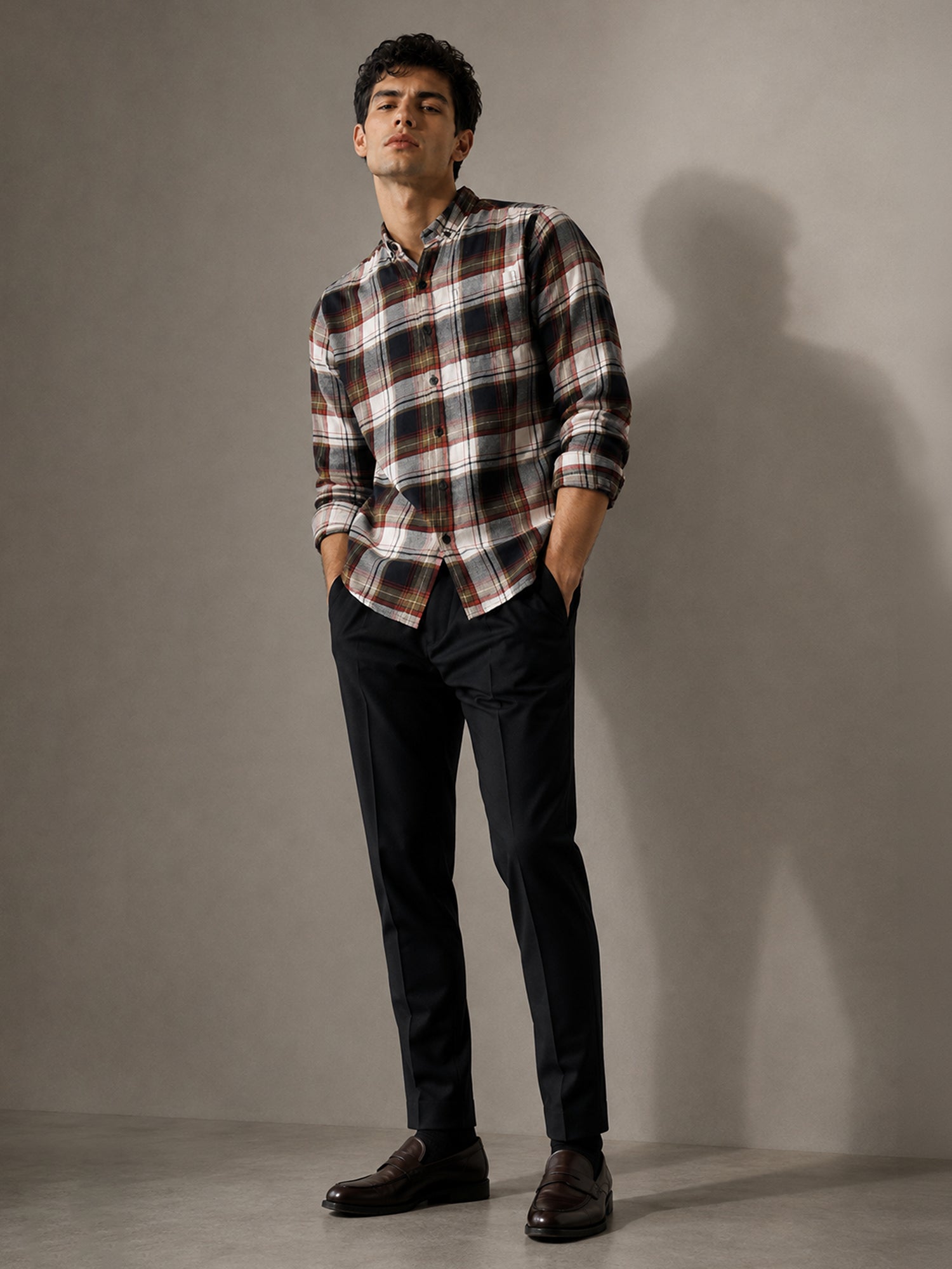 Men Navy Blue Tartan Check Full Sleeve Casual Shirt