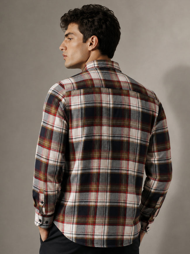 Men Navy Blue Tartan Check Full Sleeve Casual Shirt