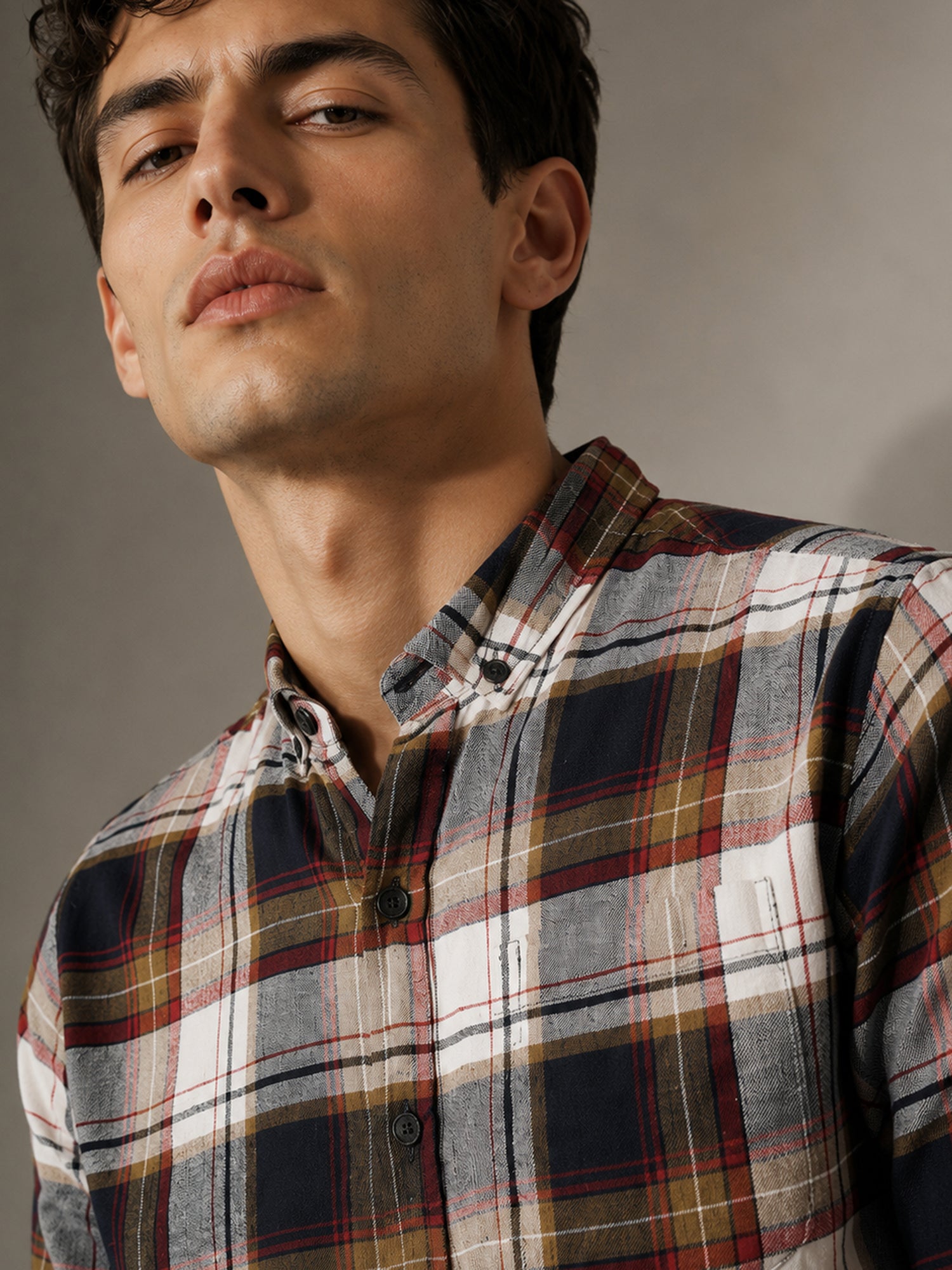 Men Navy Blue Tartan Check Full Sleeve Casual Shirt