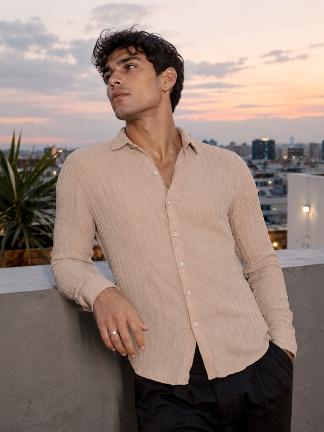 Men Beige Self-Design Slim Fit Casual Shirt