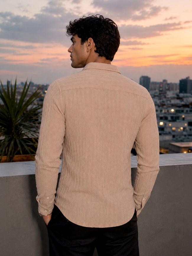 Men Beige Self-Design Slim Fit Casual Shirt
