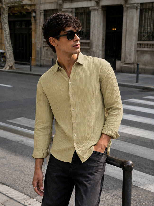Men Olive Textured Full Sleeve Casual Shirt