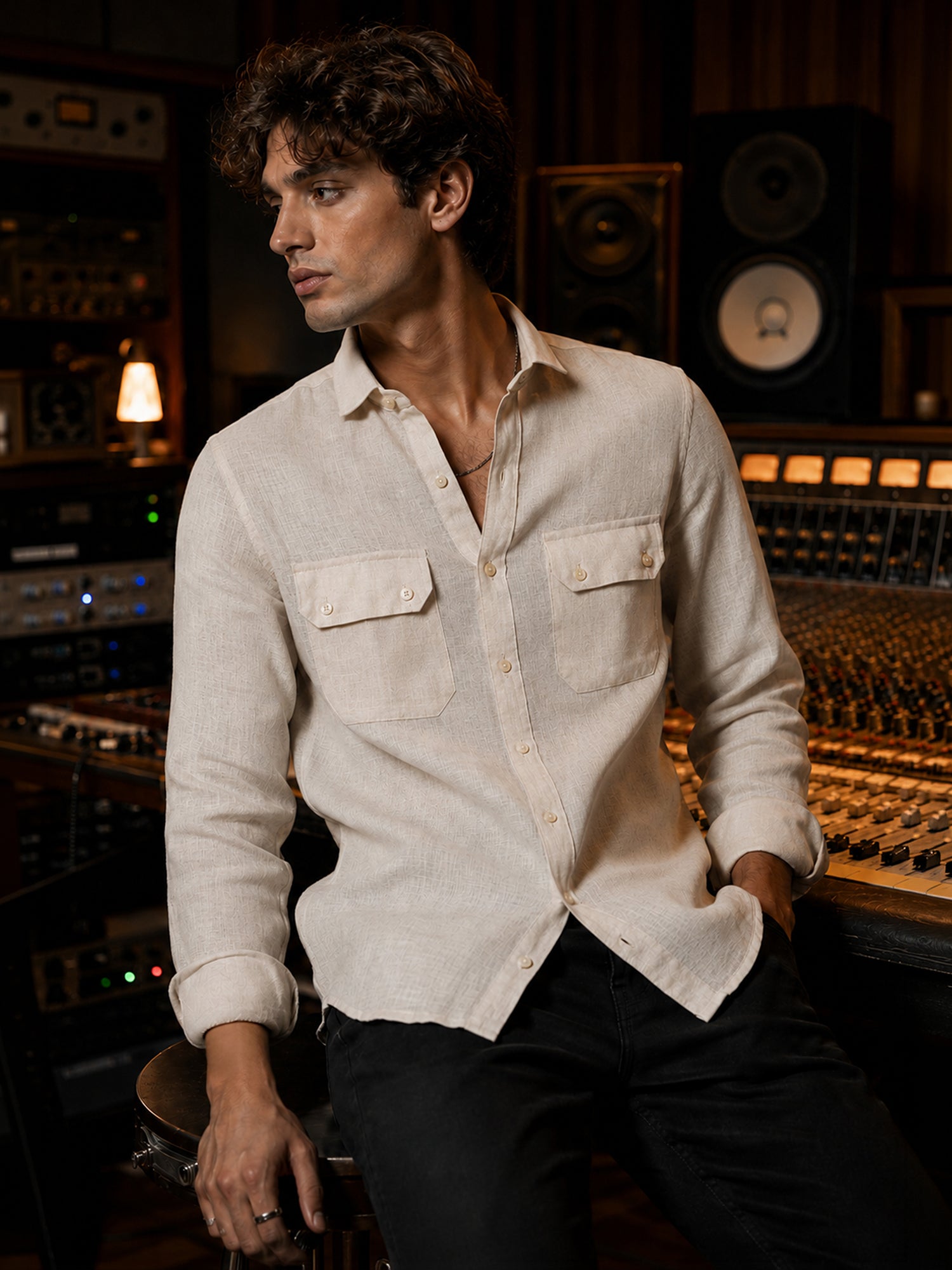 Men Beige Textured Full Sleeve Everyday Casual Shirt