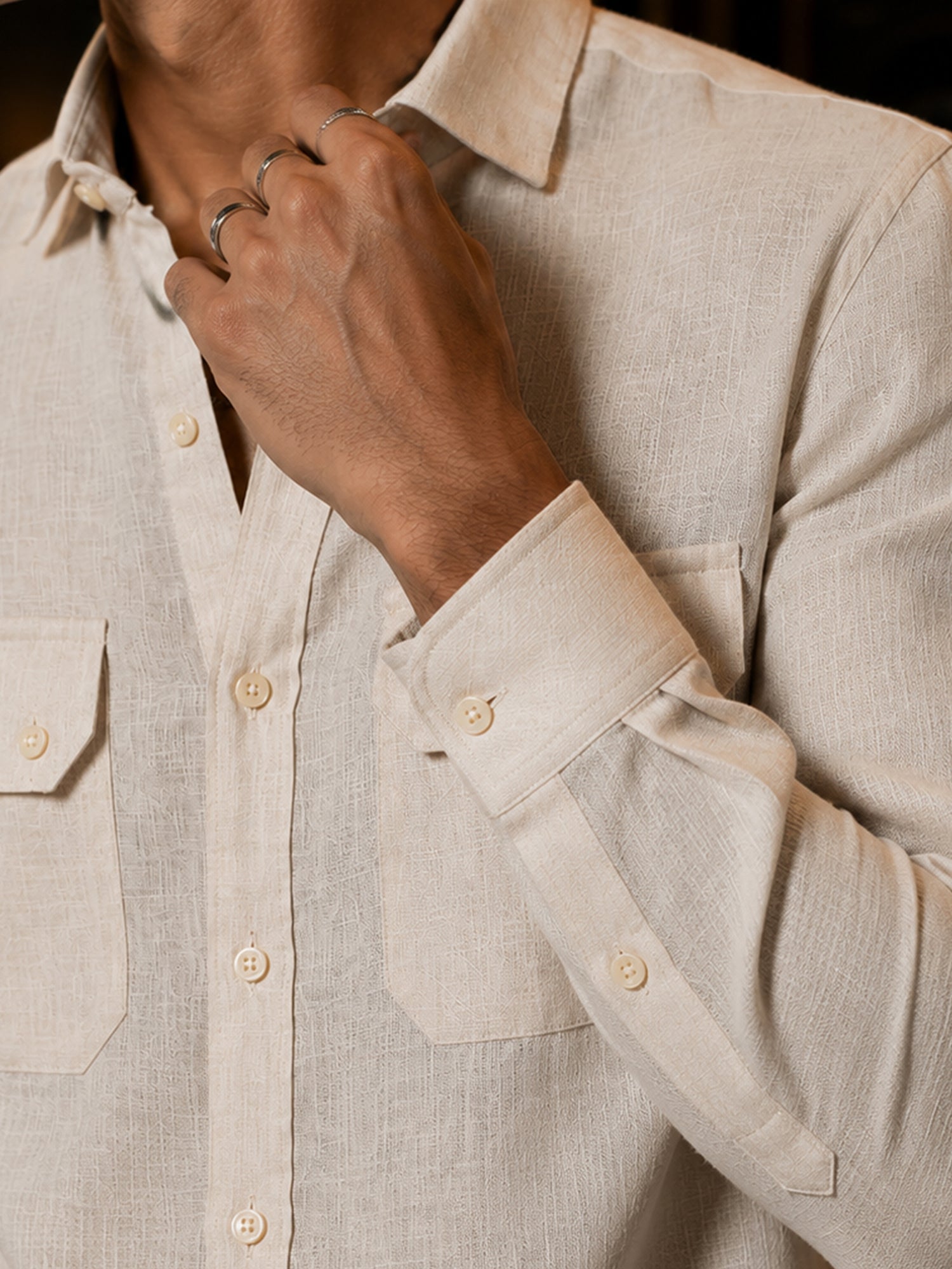 Men Beige Textured Full Sleeve Everyday Casual Shirt