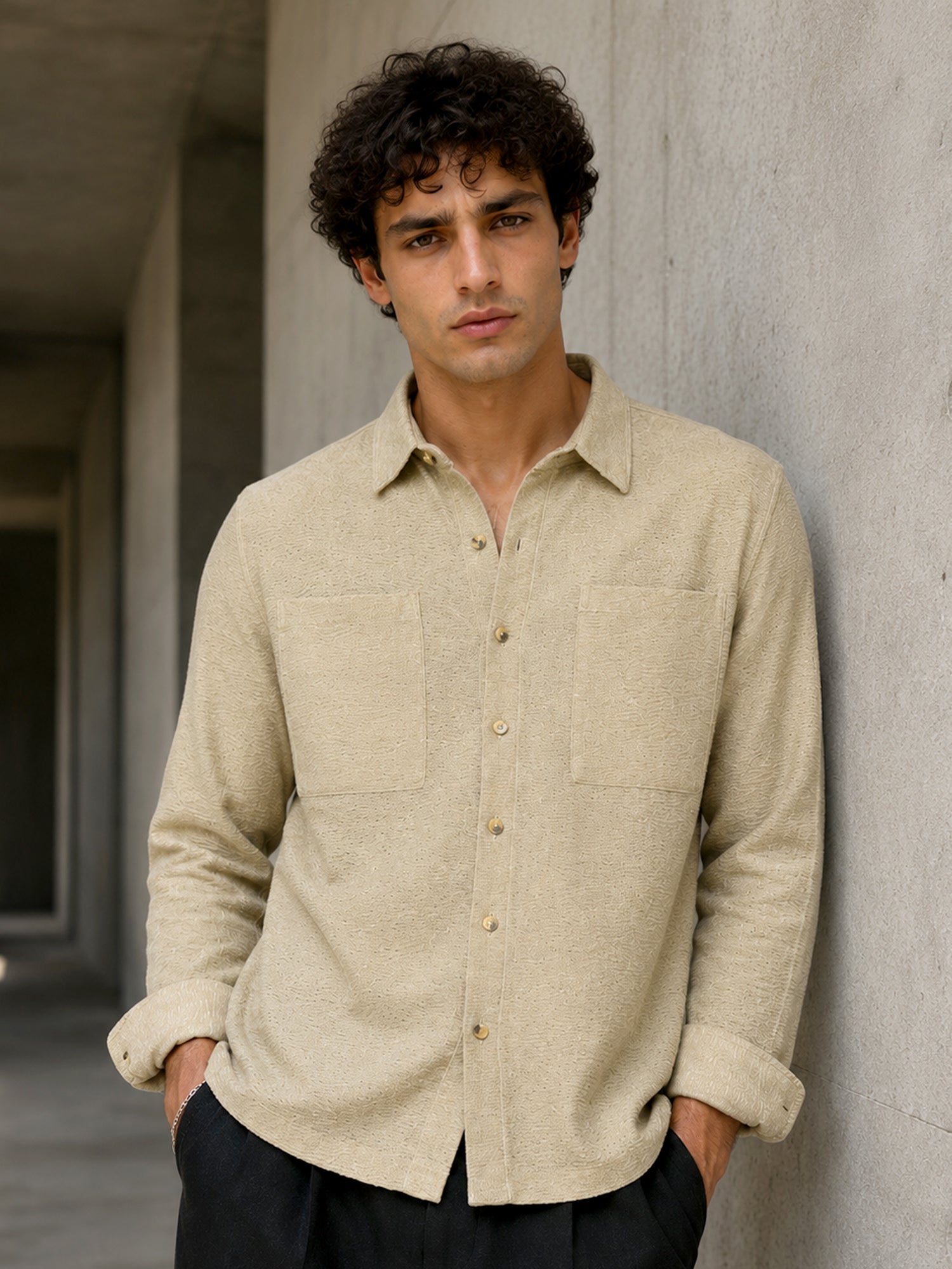 Men Beige Subtle Self-Design Casual Shirt