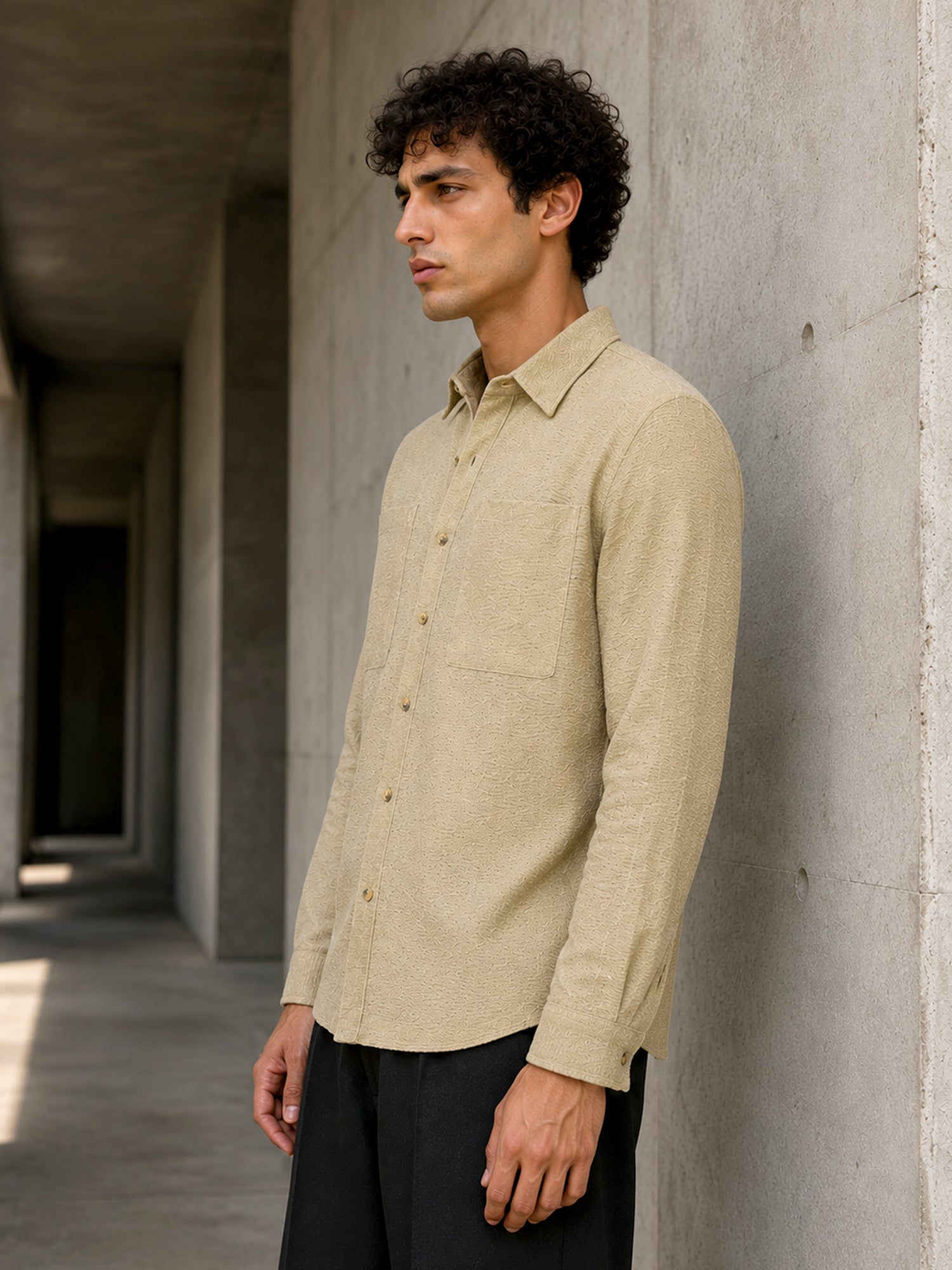 Men Beige Subtle Self-Design Casual Shirt