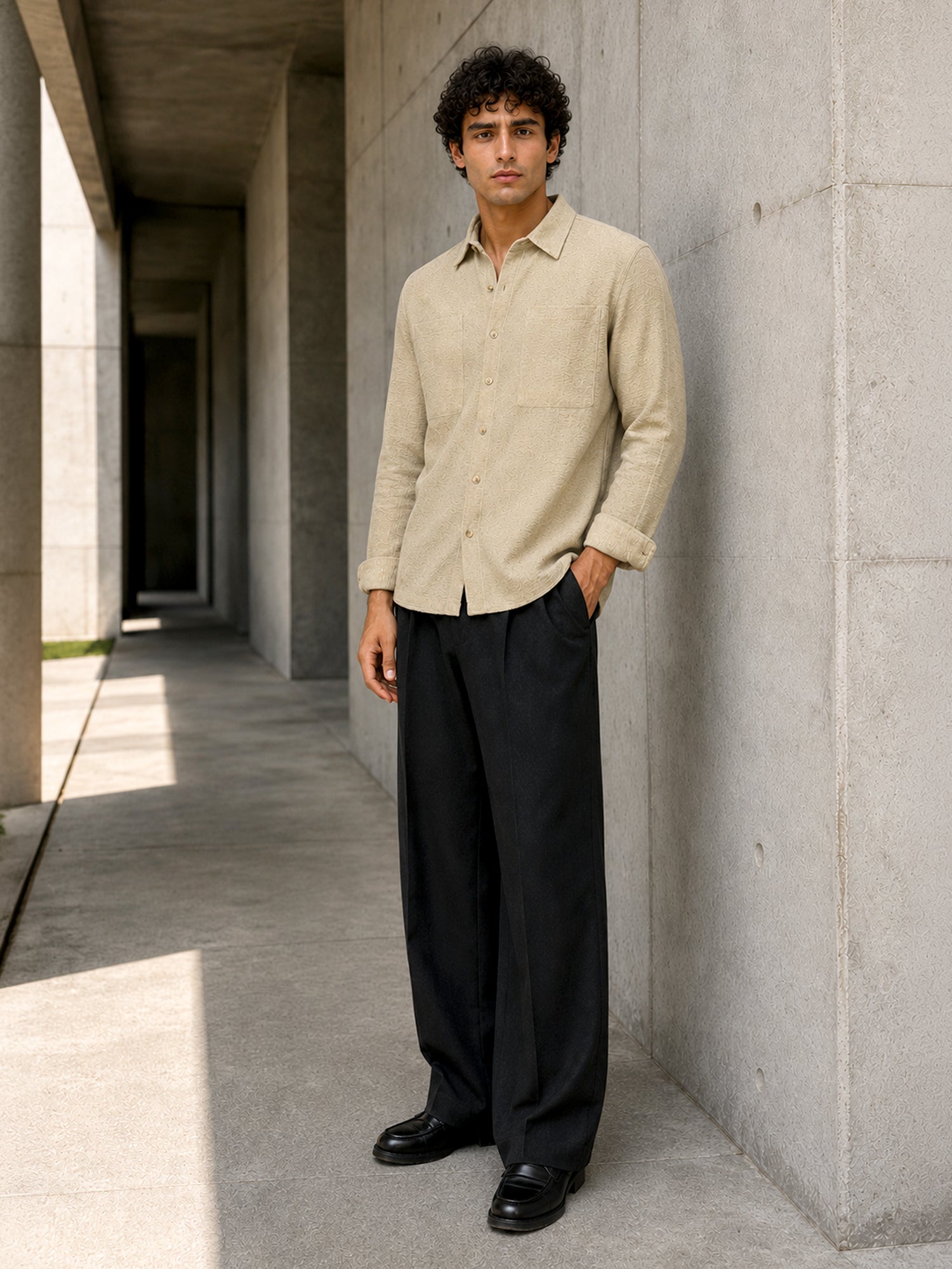 Men Beige Subtle Self-Design Casual Shirt
