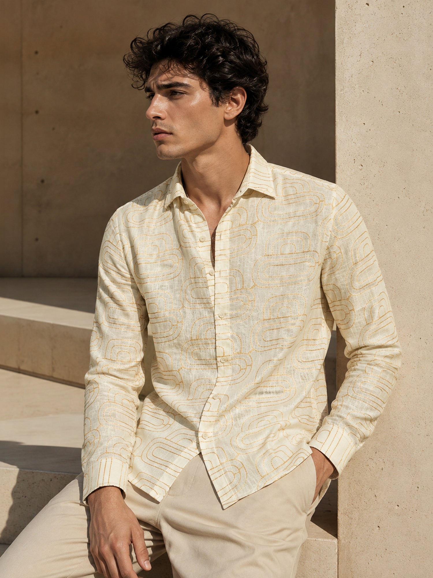 Men Beige Geometric Print Full Sleeve Casual Shirt