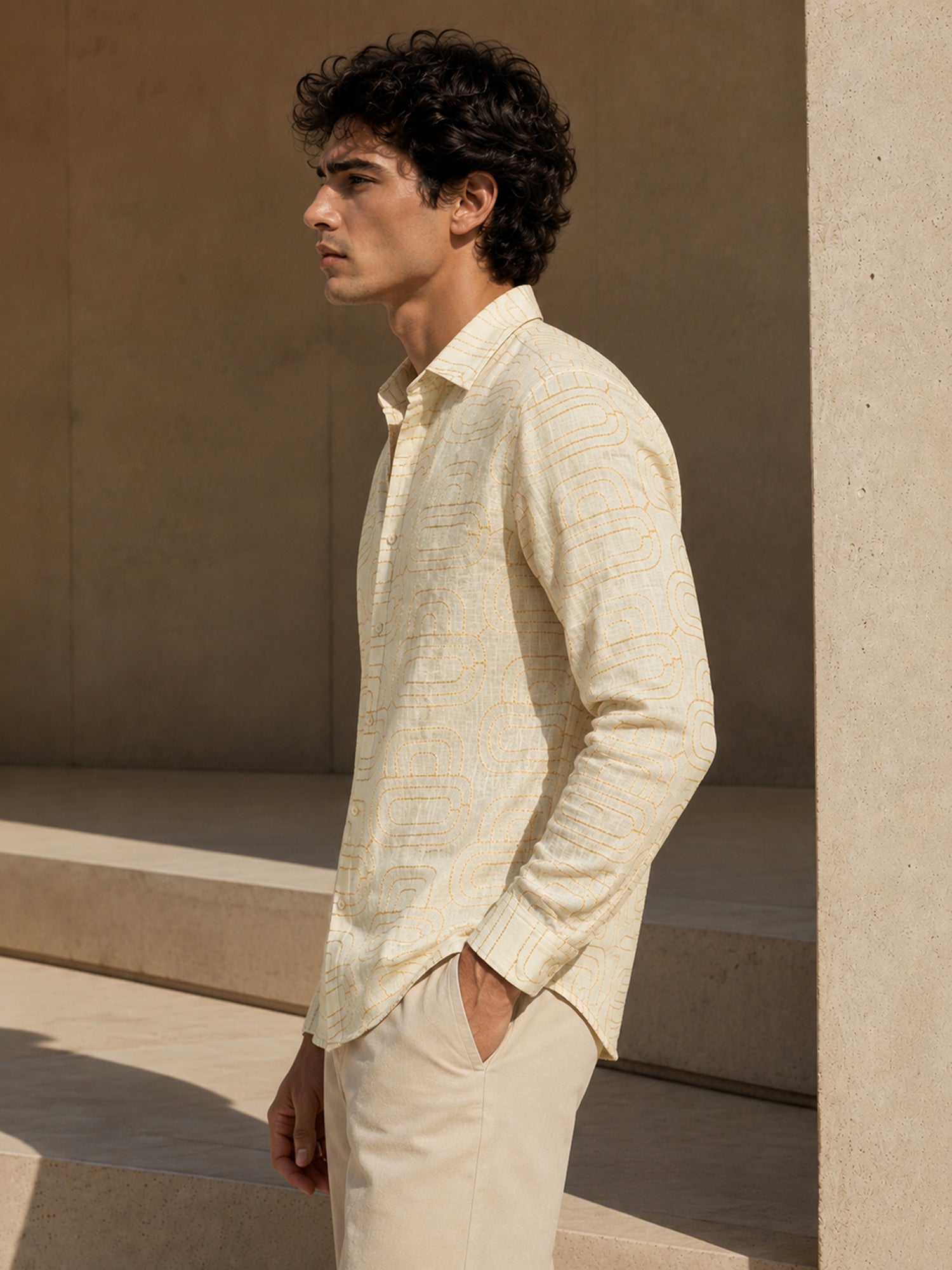 Men Beige Geometric Print Full Sleeve Casual Shirt