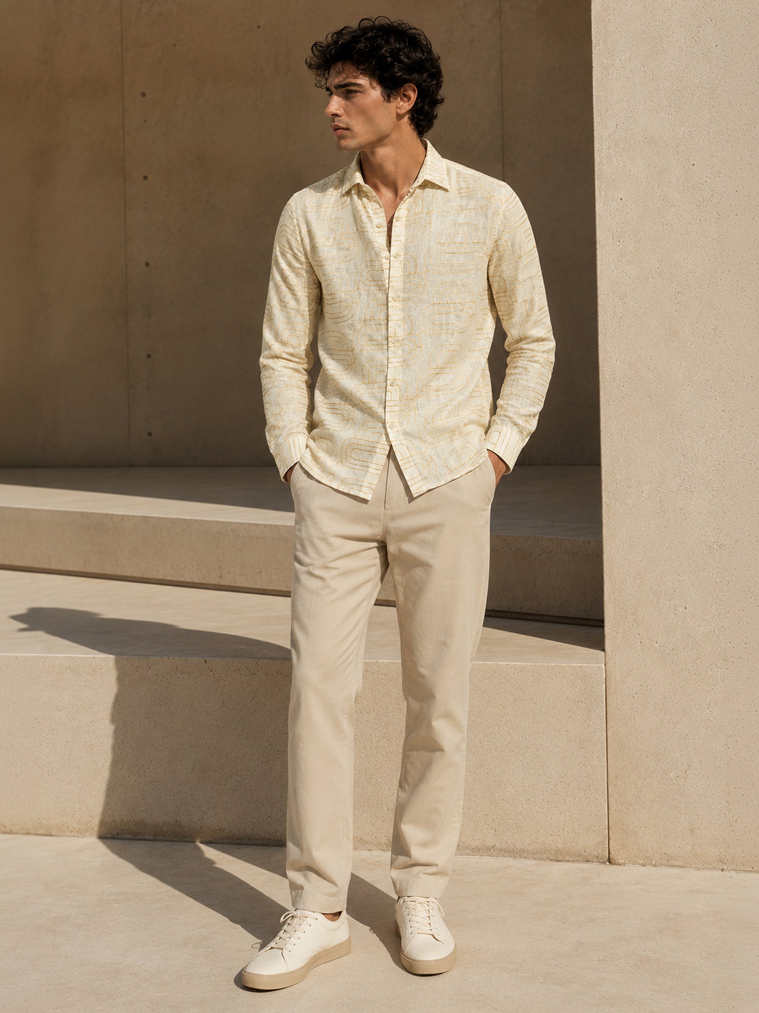 Men Beige Geometric Print Full Sleeve Casual Shirt