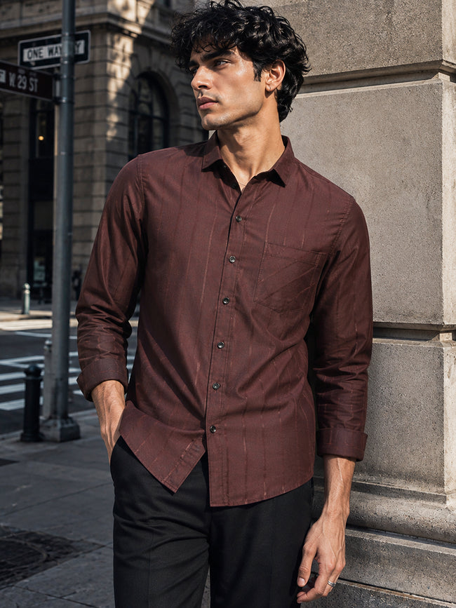 Men Maroon Self-Design Full Sleeve Casual Shirt