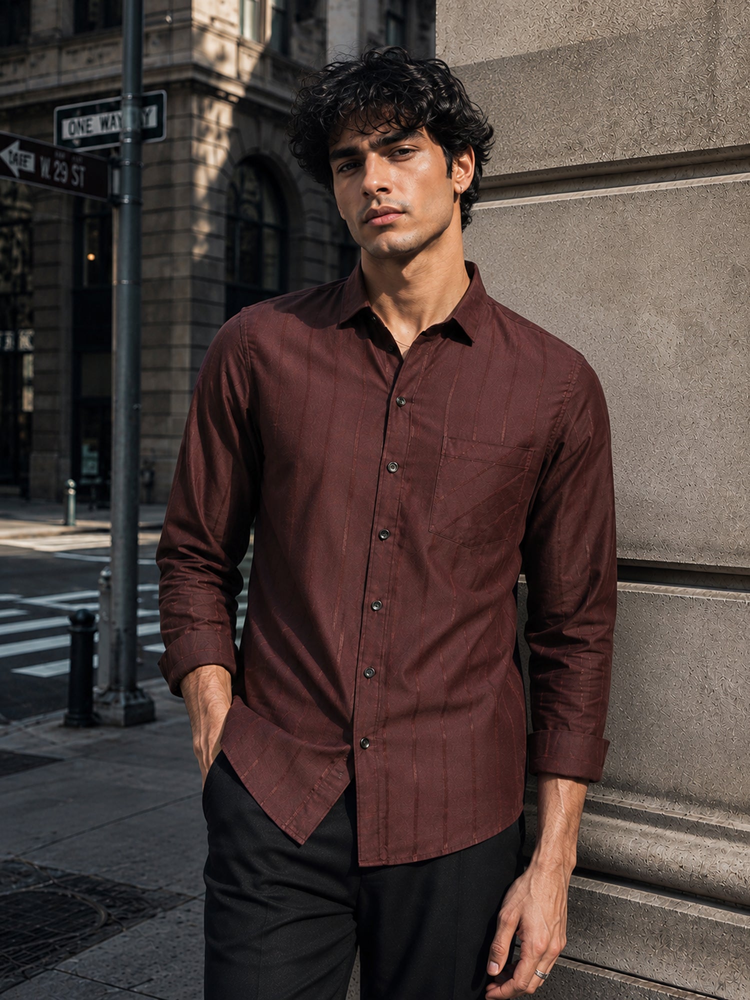 Men Maroon Self-Design Full Sleeve Casual Shirt