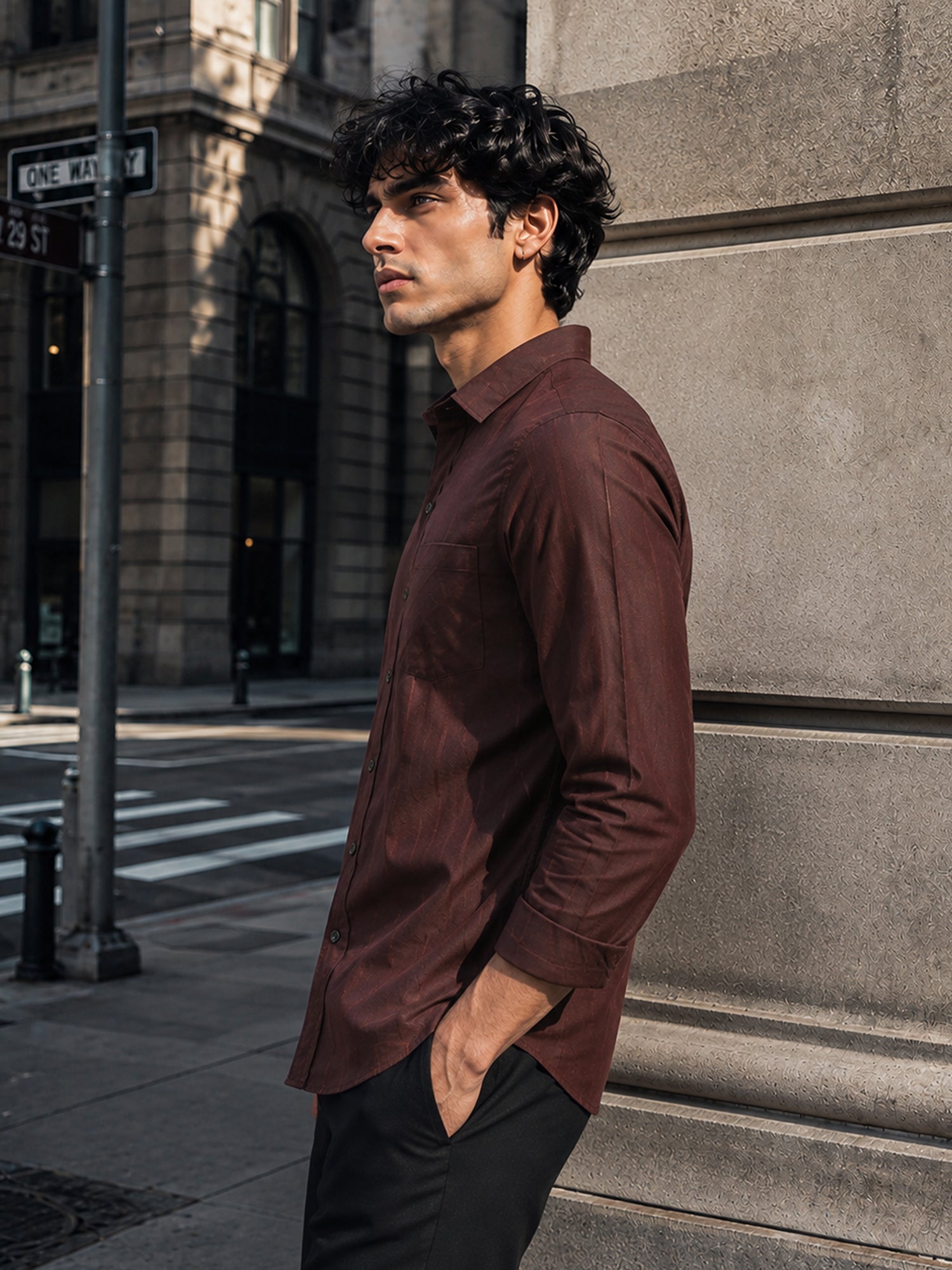Men Maroon Self-Design Full Sleeve Casual Shirt