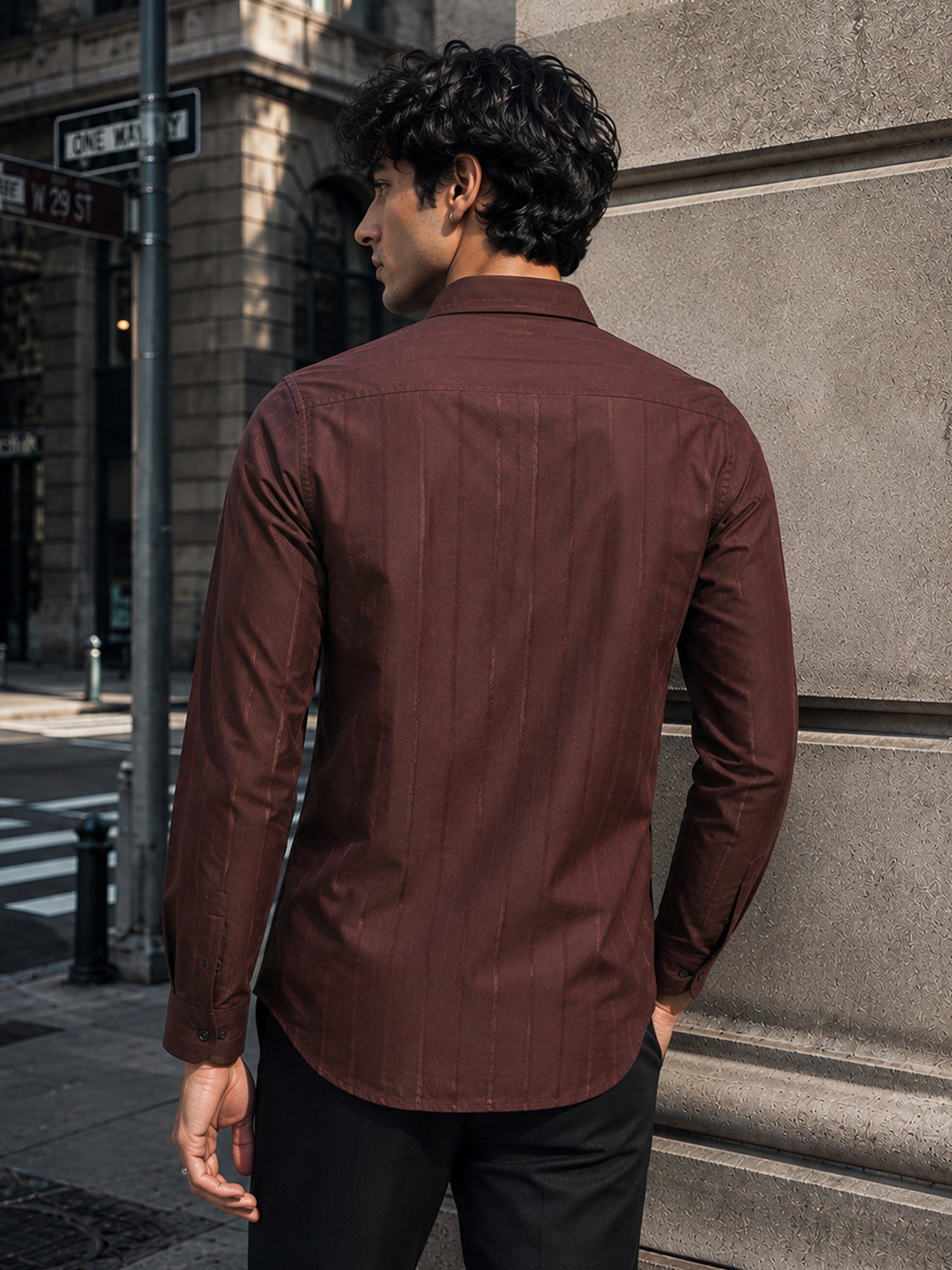 Men Maroon Self-Design Full Sleeve Casual Shirt