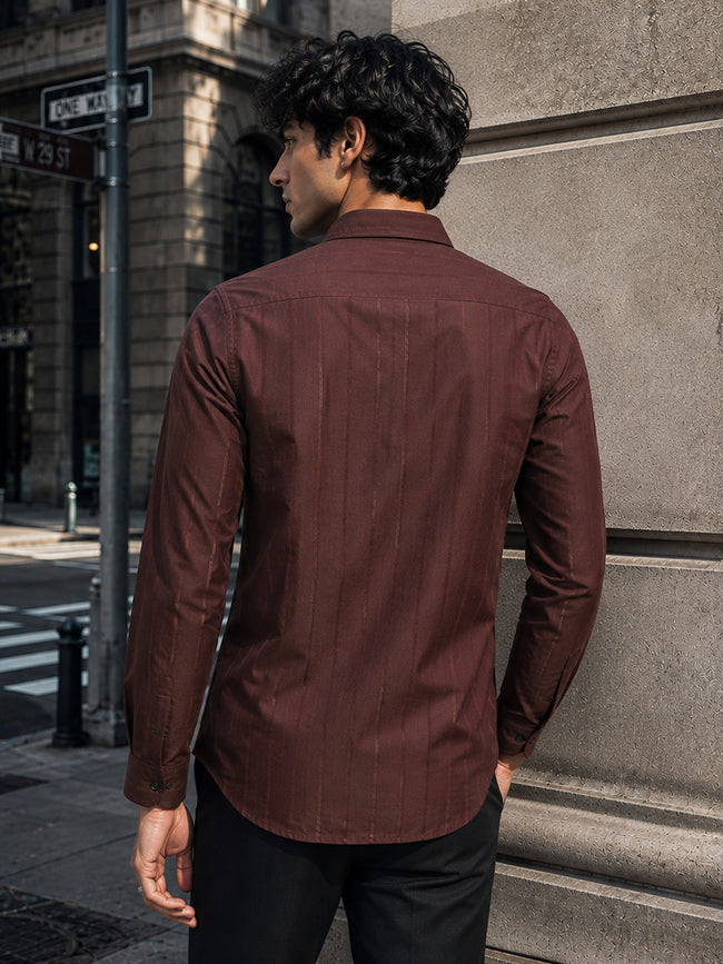 Men Maroon Self-Design Full Sleeve Casual Shirt