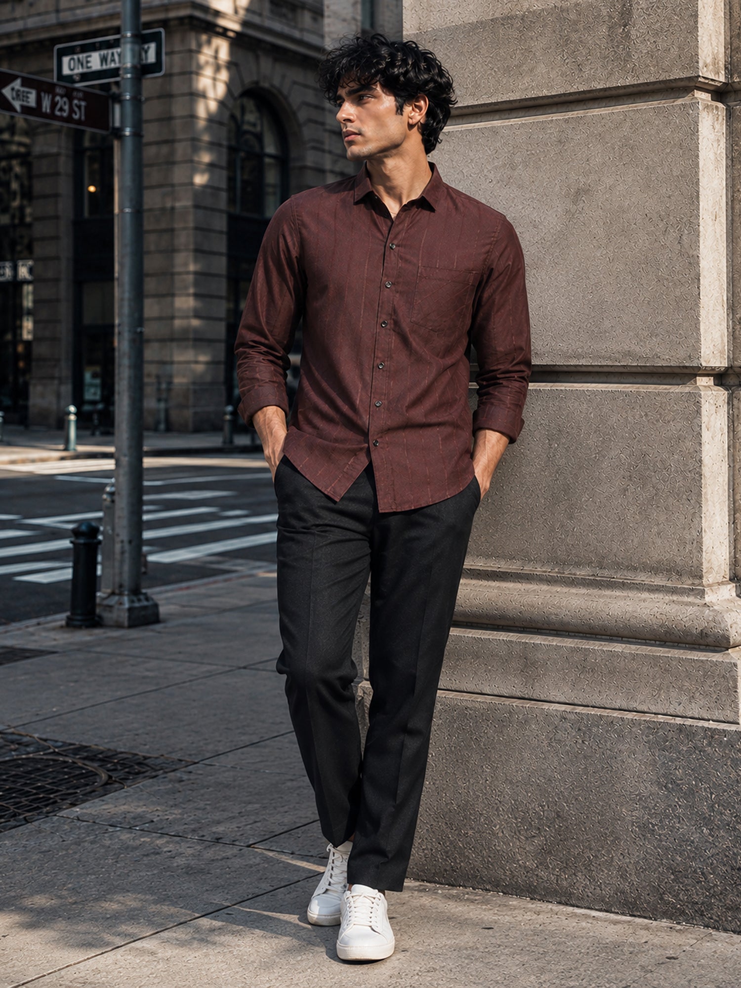 Men Maroon Self-Design Full Sleeve Casual Shirt