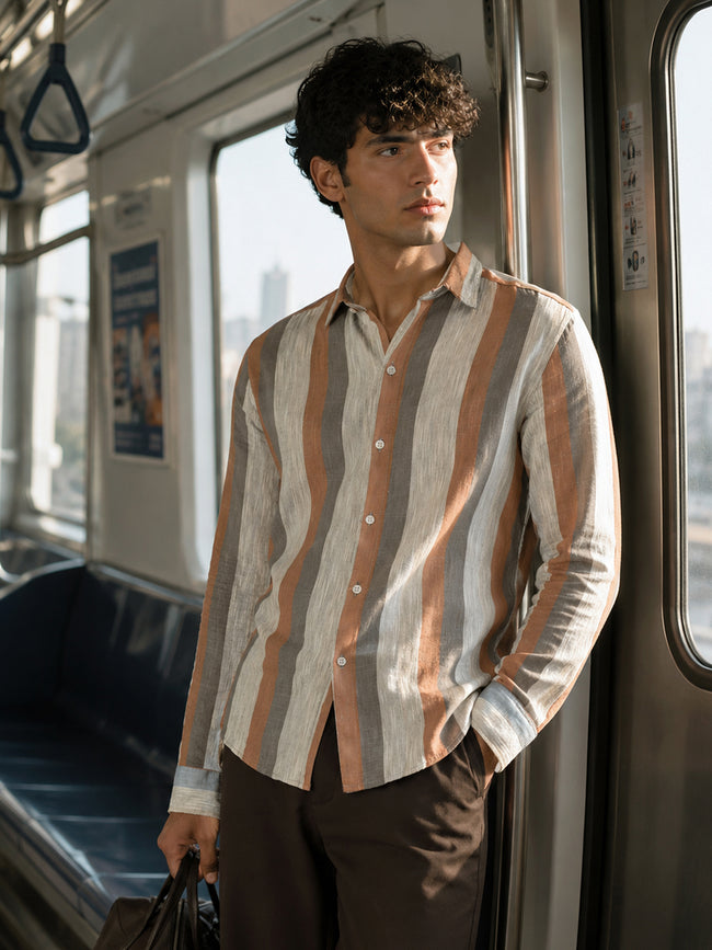 Men Beige Awning Stripe Full Sleeve Casual Shirt