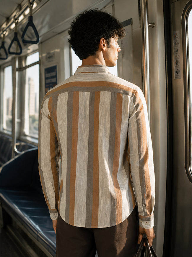 Men Beige Awning Stripe Full Sleeve Casual Shirt