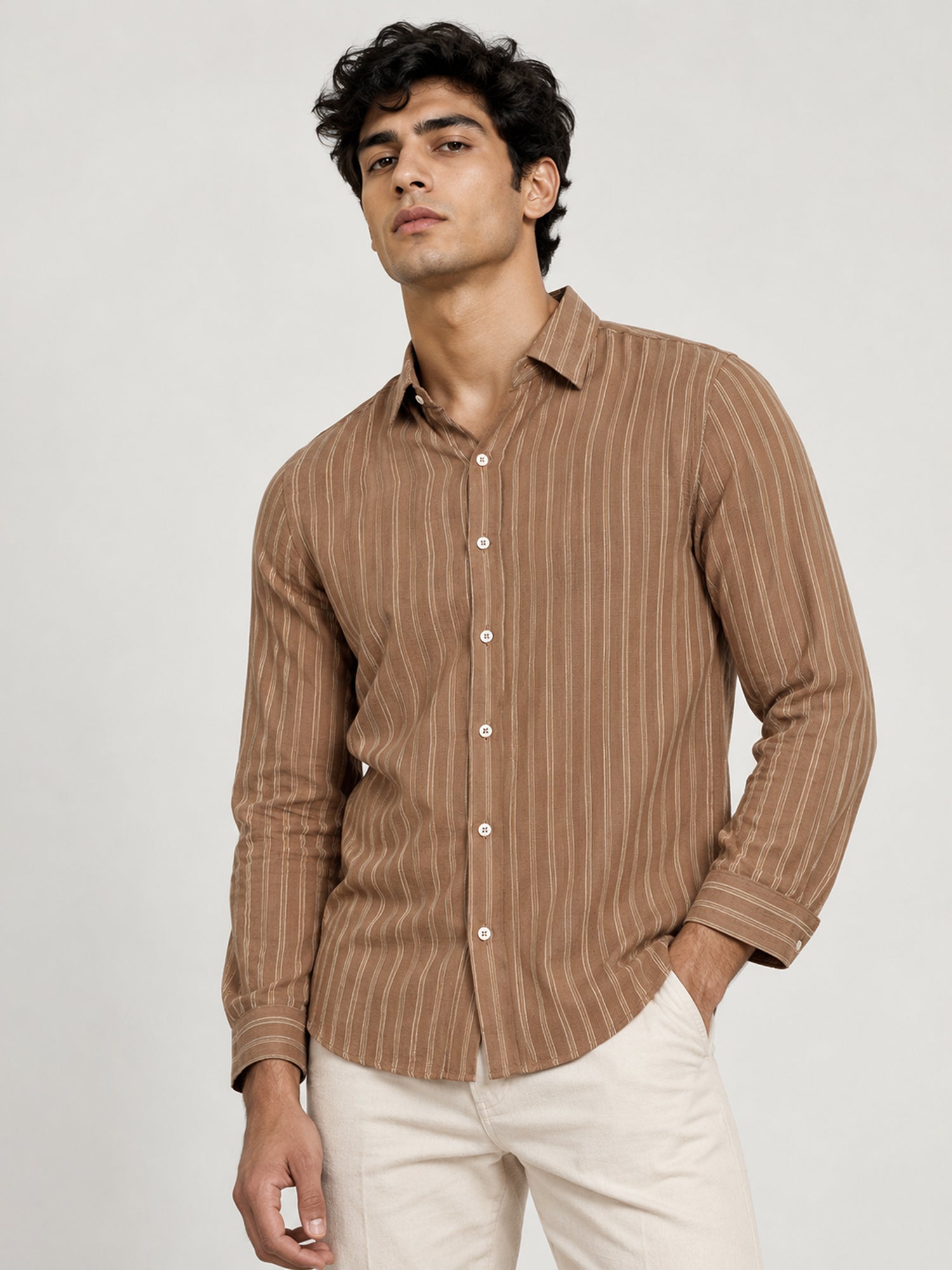 Men Brown Striped Full Sleeve Casual Shirt
