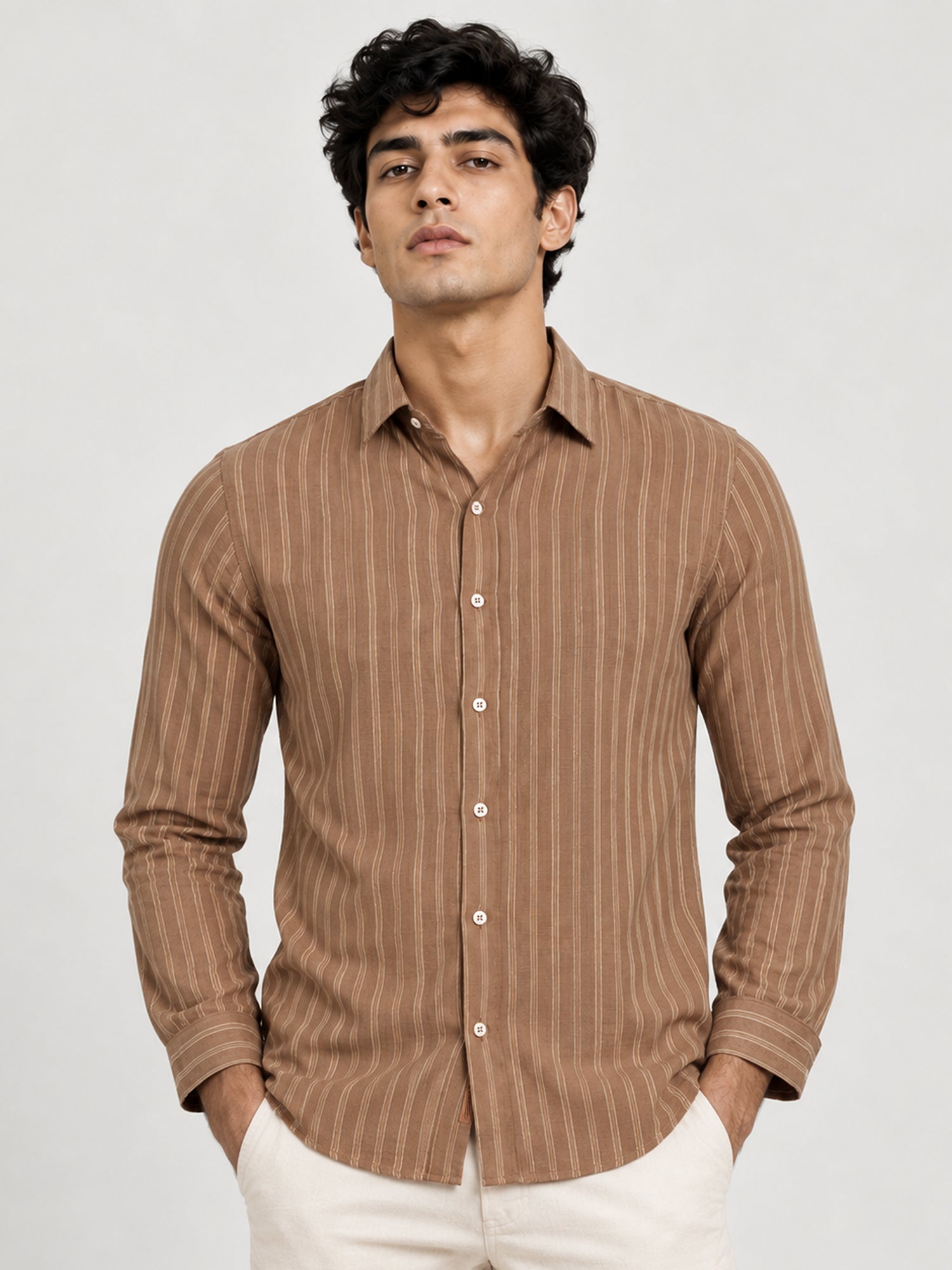 Men Brown Striped Full Sleeve Casual Shirt