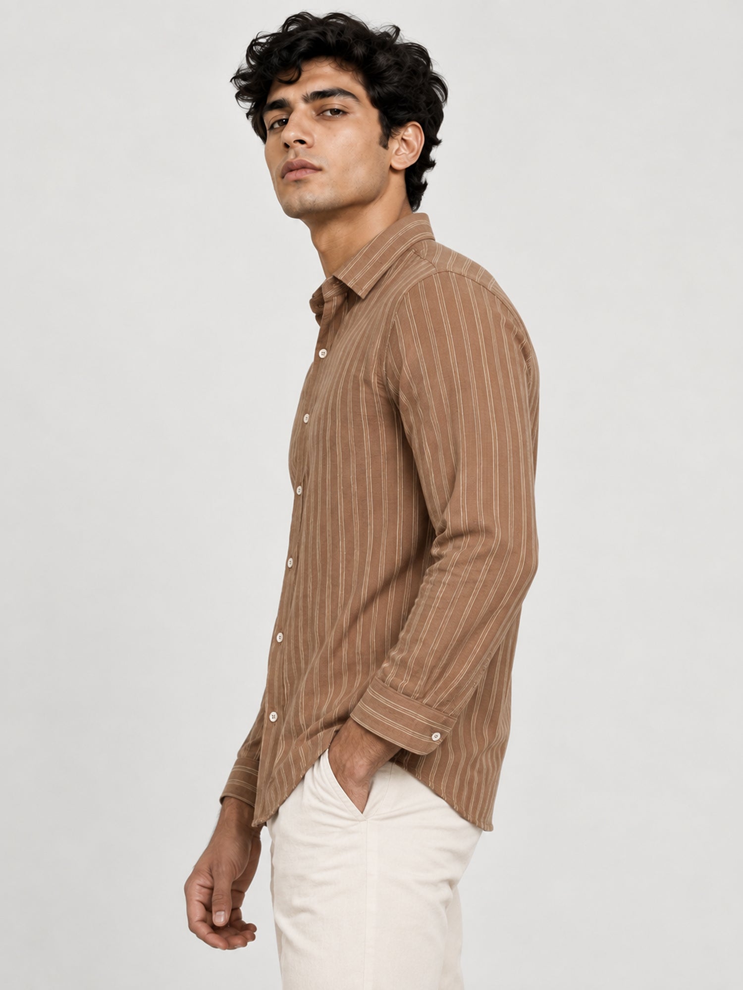 Men Brown Striped Full Sleeve Casual Shirt