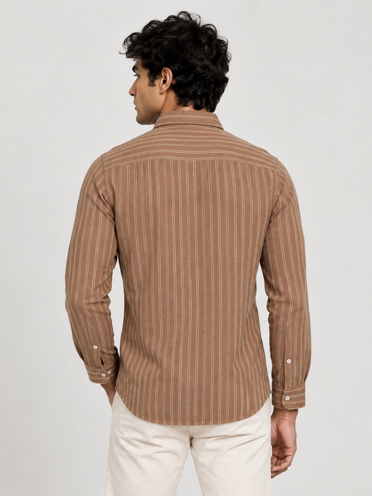 Men Brown Striped Full Sleeve Casual Shirt