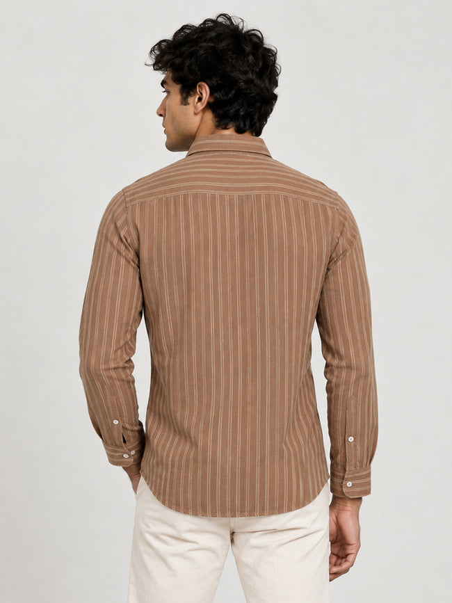 Men Brown Striped Full Sleeve Casual Shirt