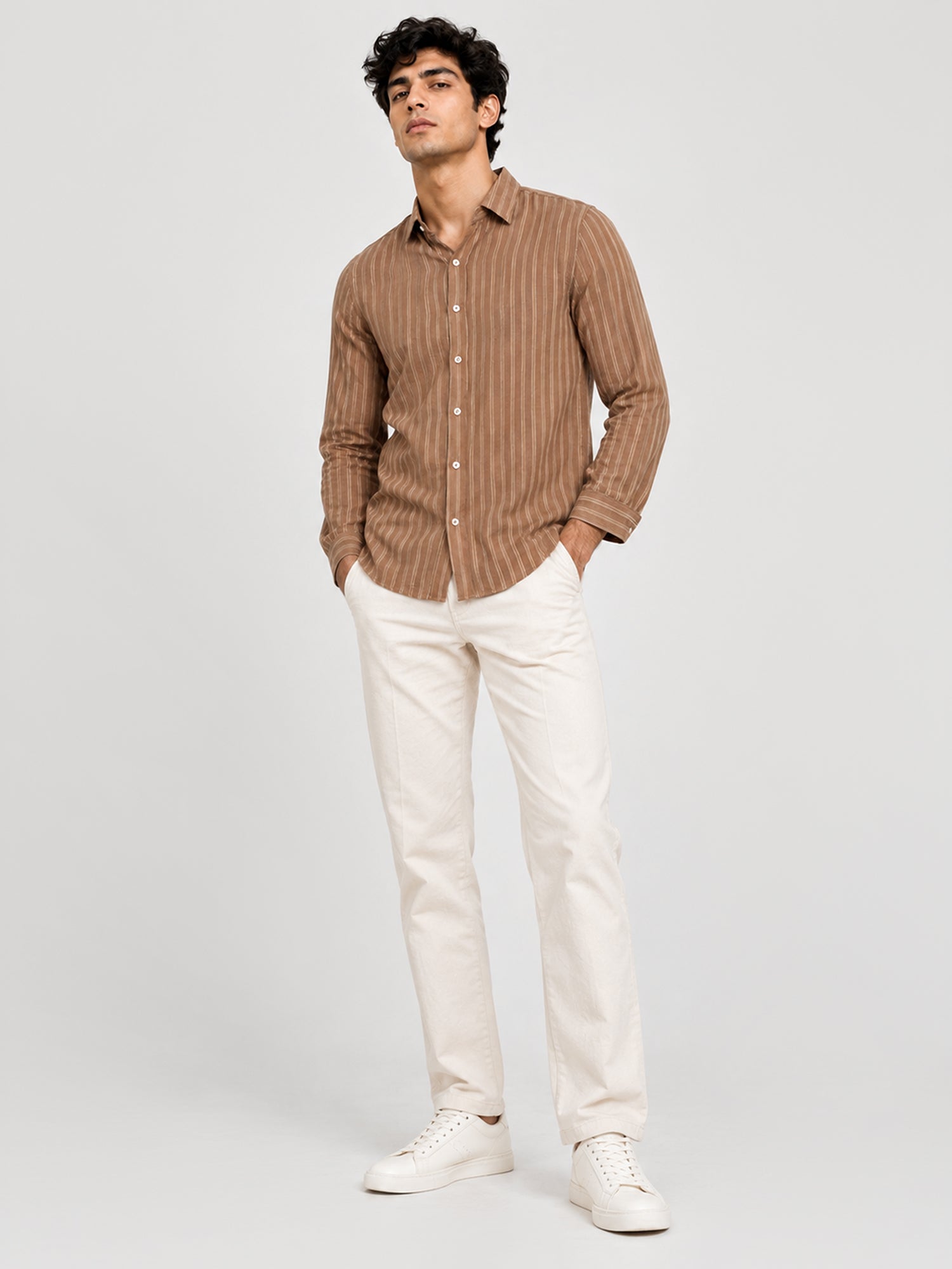 Men Brown Striped Full Sleeve Casual Shirt
