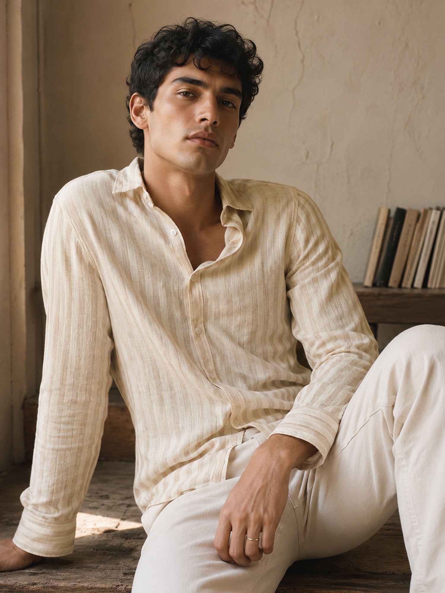 Men White Striped Full Sleeve Casual Shirt