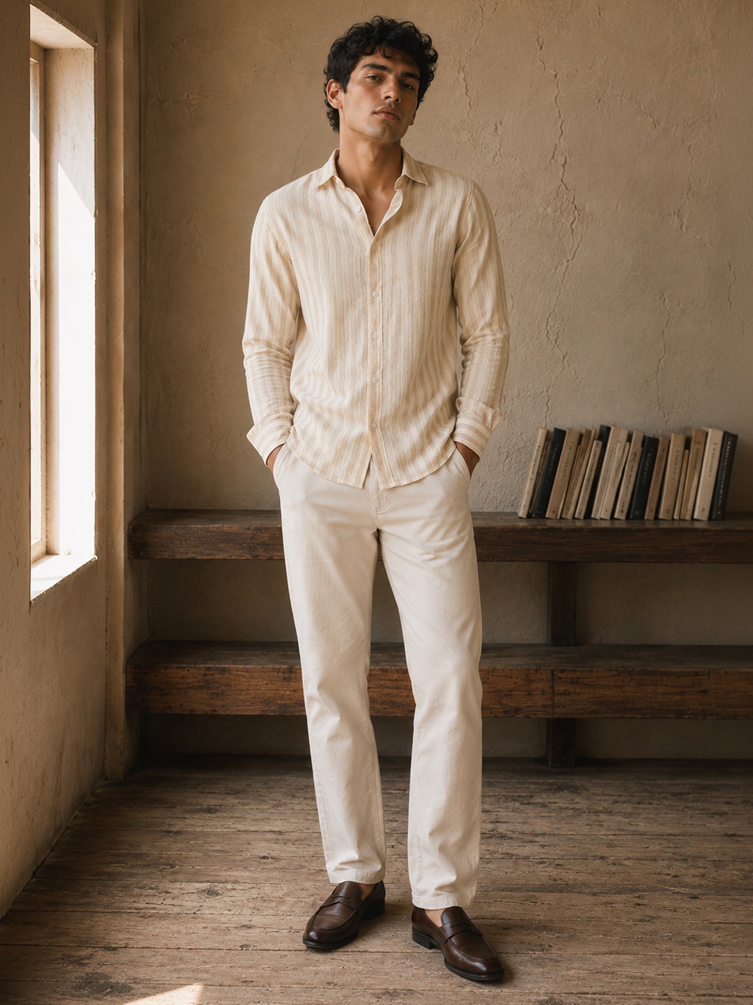 Men White Striped Full Sleeve Casual Shirt