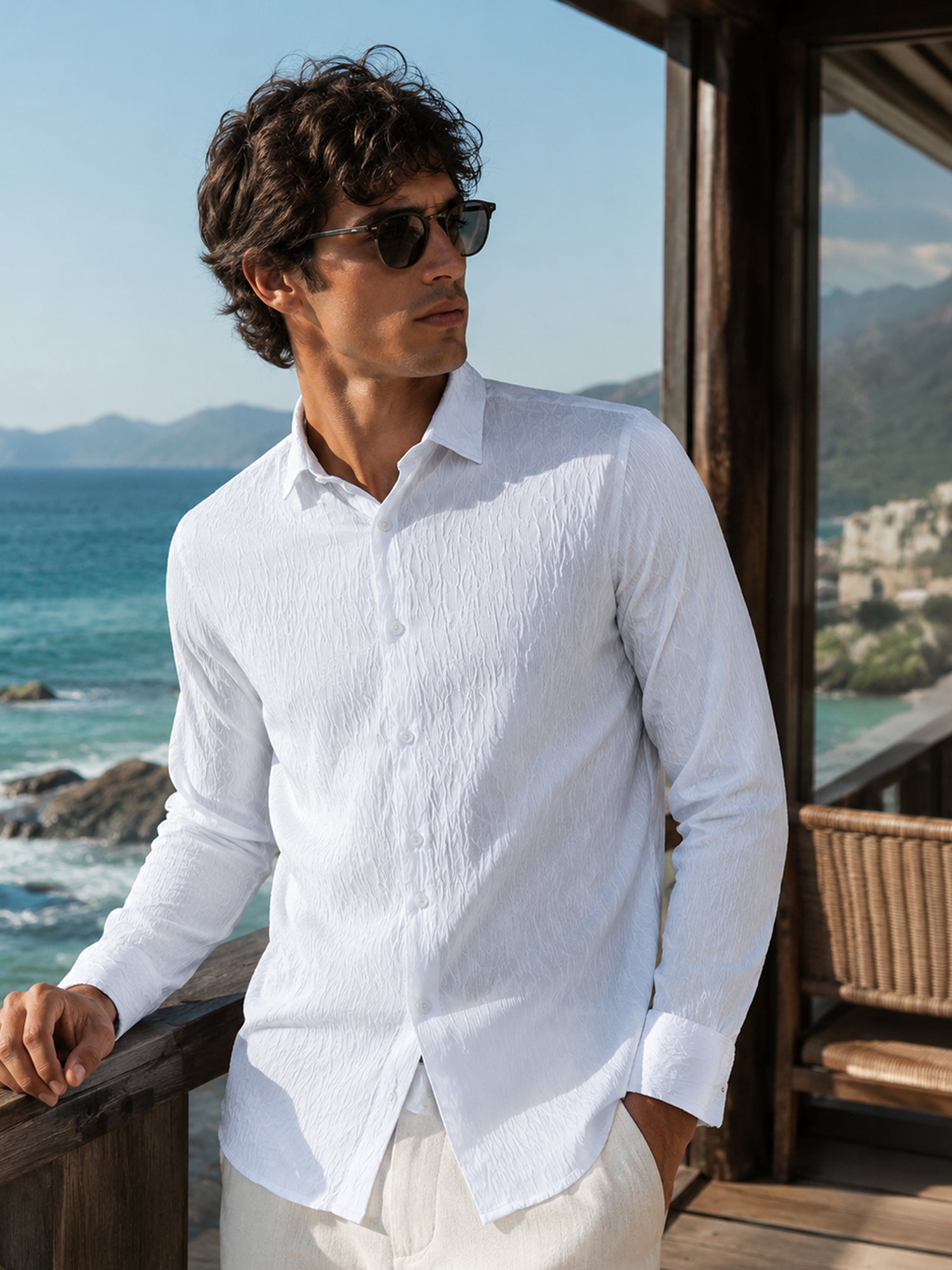 Men White Textured Full Sleeve Shirt