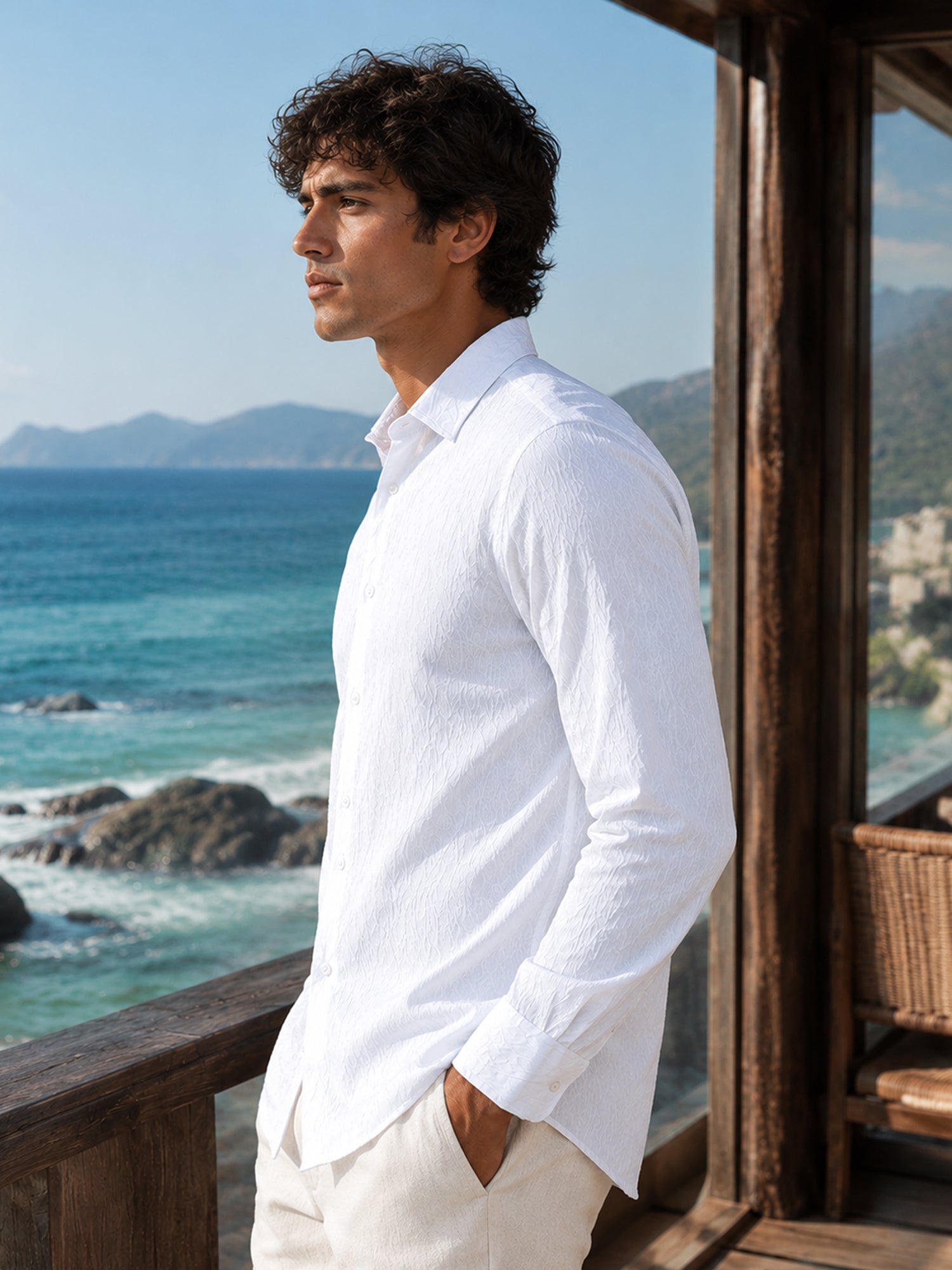 Men White Textured Full Sleeve Shirt