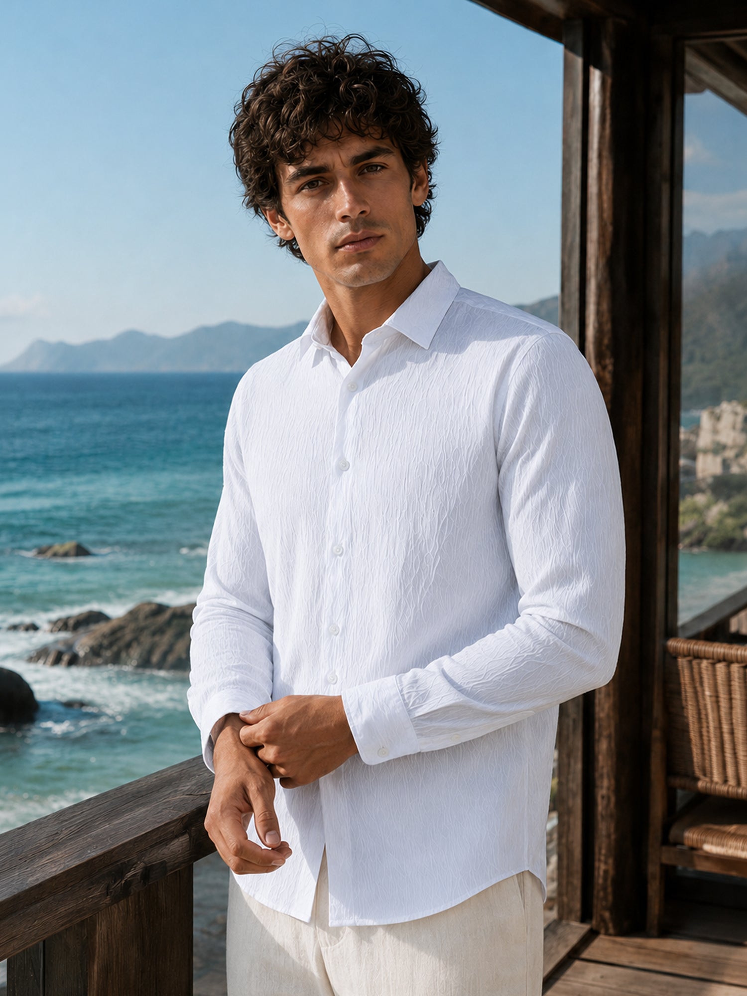 Men White Textured Full Sleeve Shirt