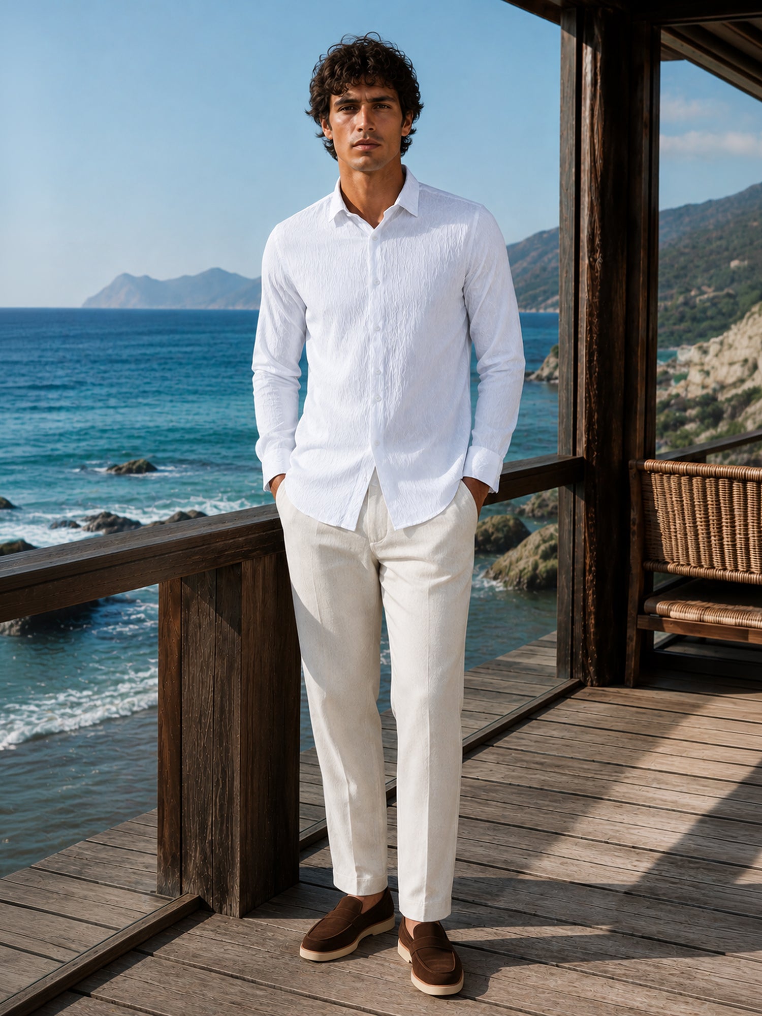 Men White Textured Full Sleeve Shirt