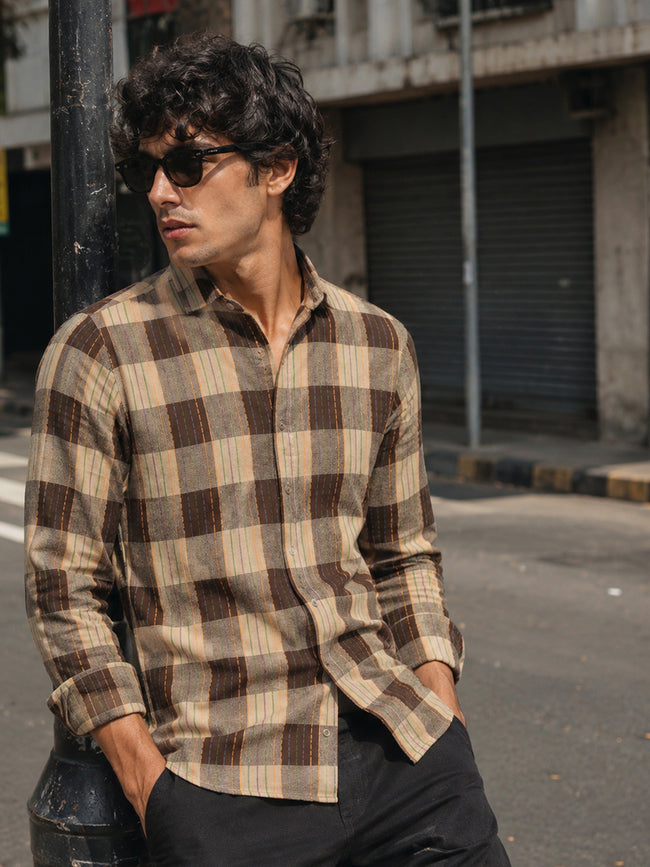 Men Beige Tartan Check Full Sleeve Casual Shirt