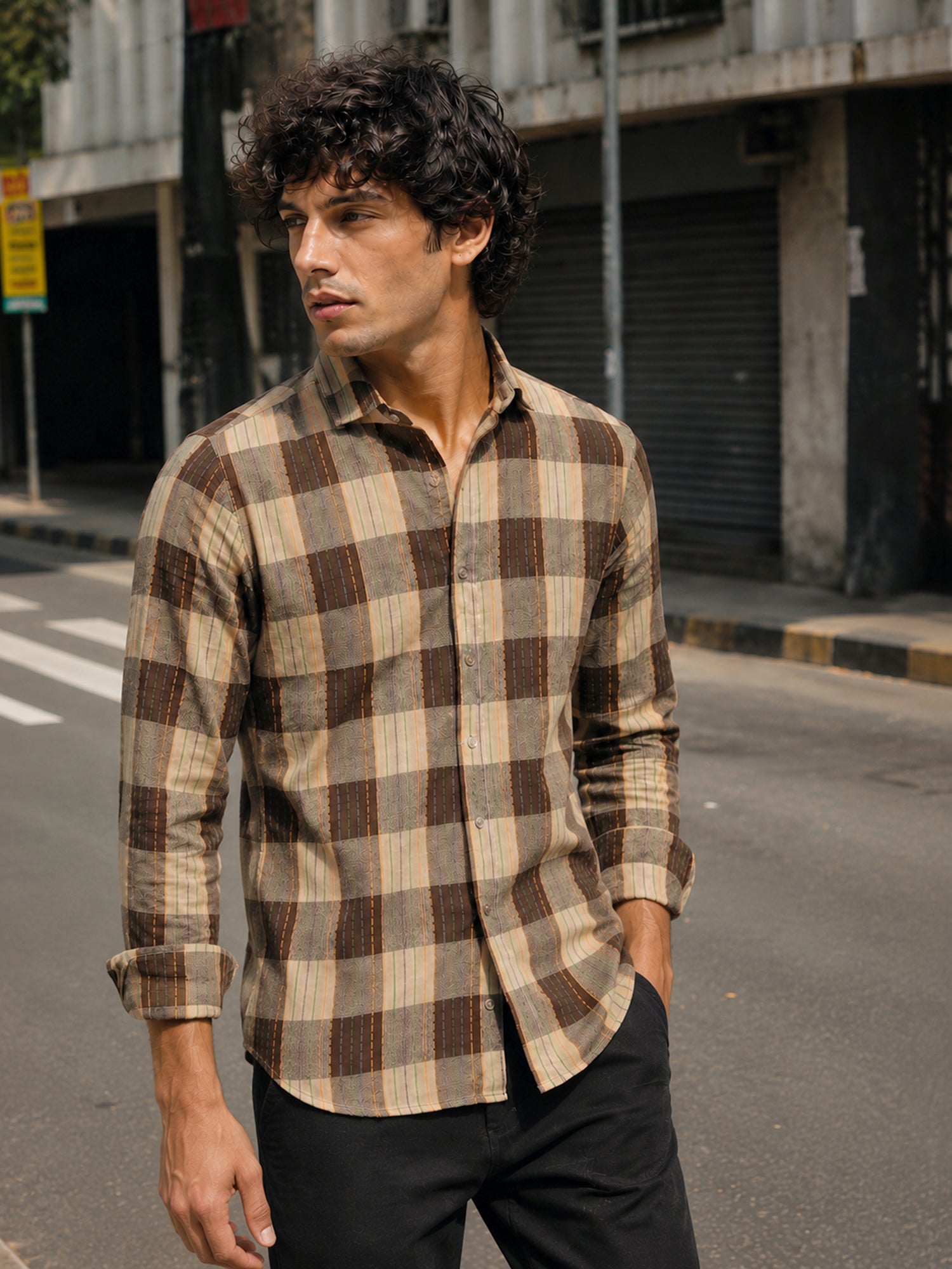Men Beige Tartan Check Full Sleeve Casual Shirt