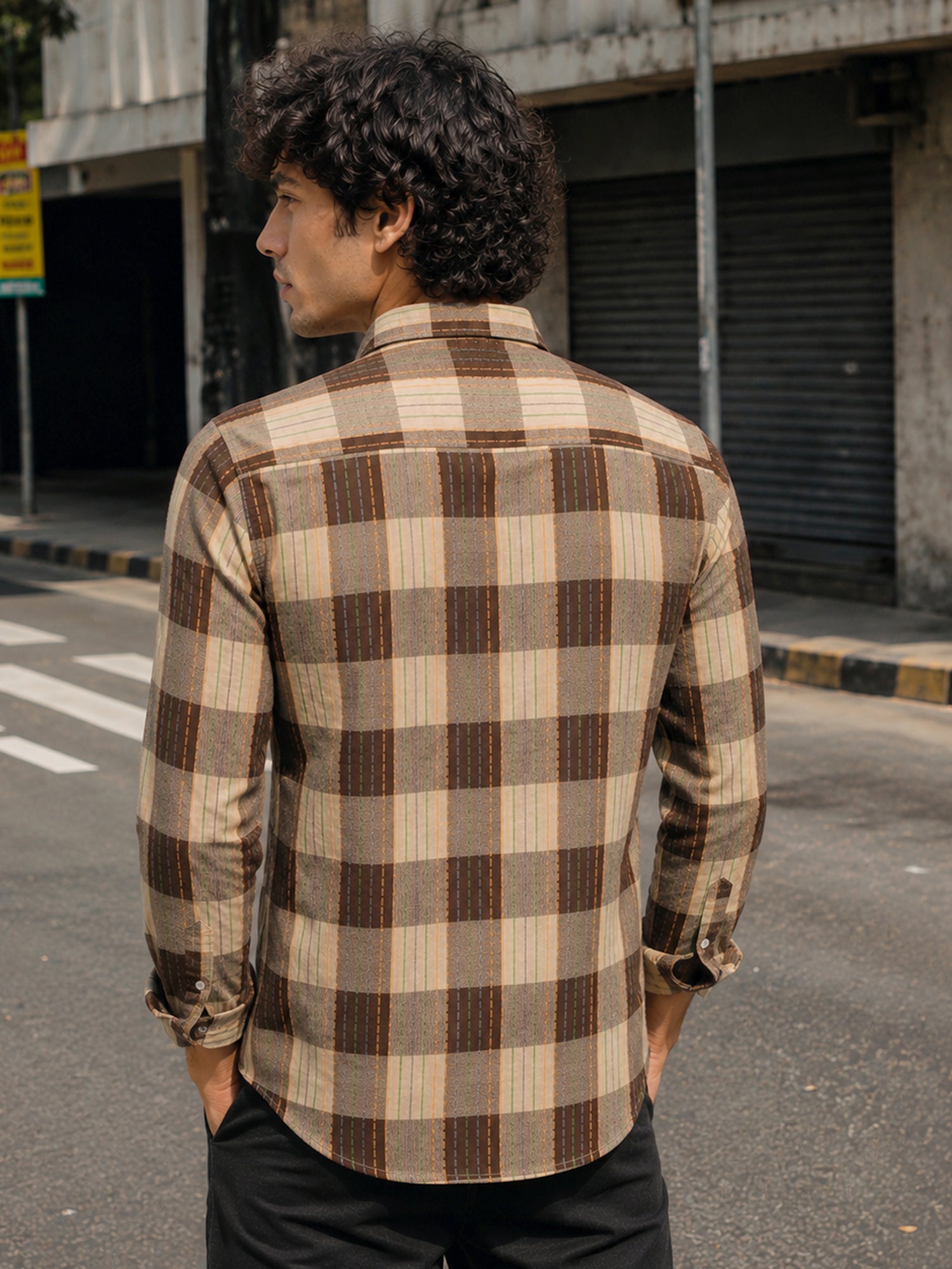 Men Beige Tartan Check Full Sleeve Casual Shirt
