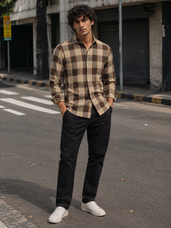 Men Beige Tartan Check Full Sleeve Casual Shirt
