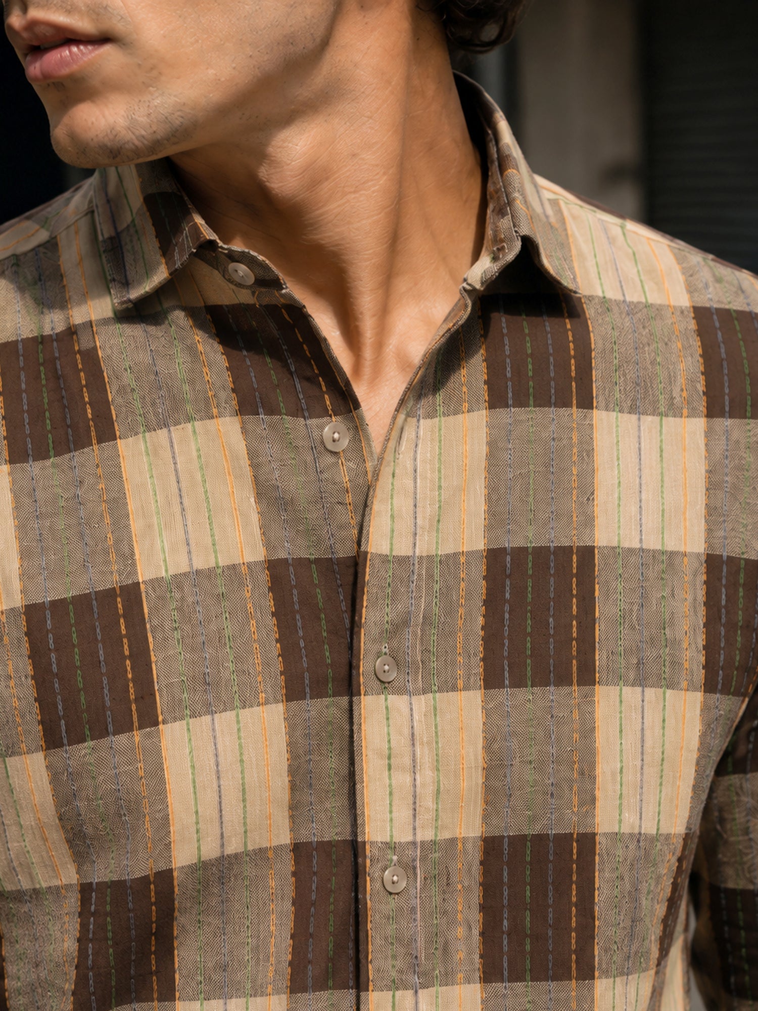 Men Beige Tartan Check Full Sleeve Casual Shirt
