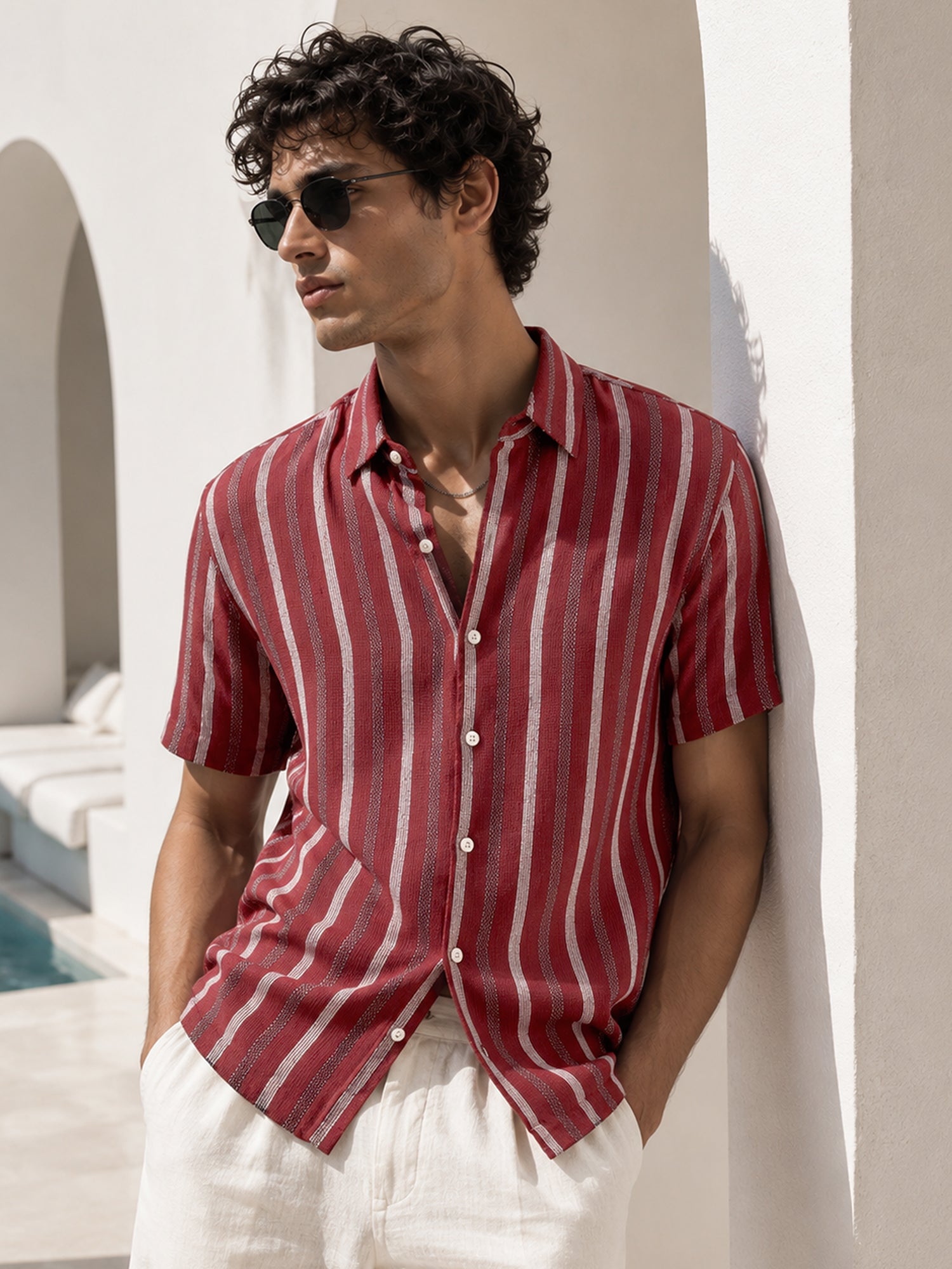 Men Red Striped Relaxed Casual Shirt